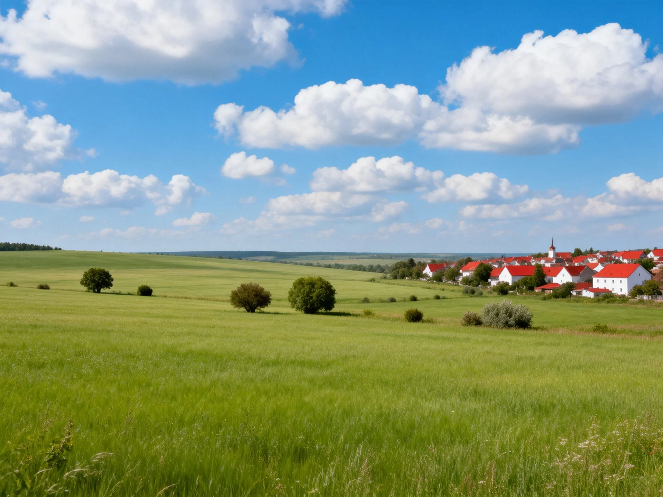 Lush green fields near red-roofed village under bright blue sky