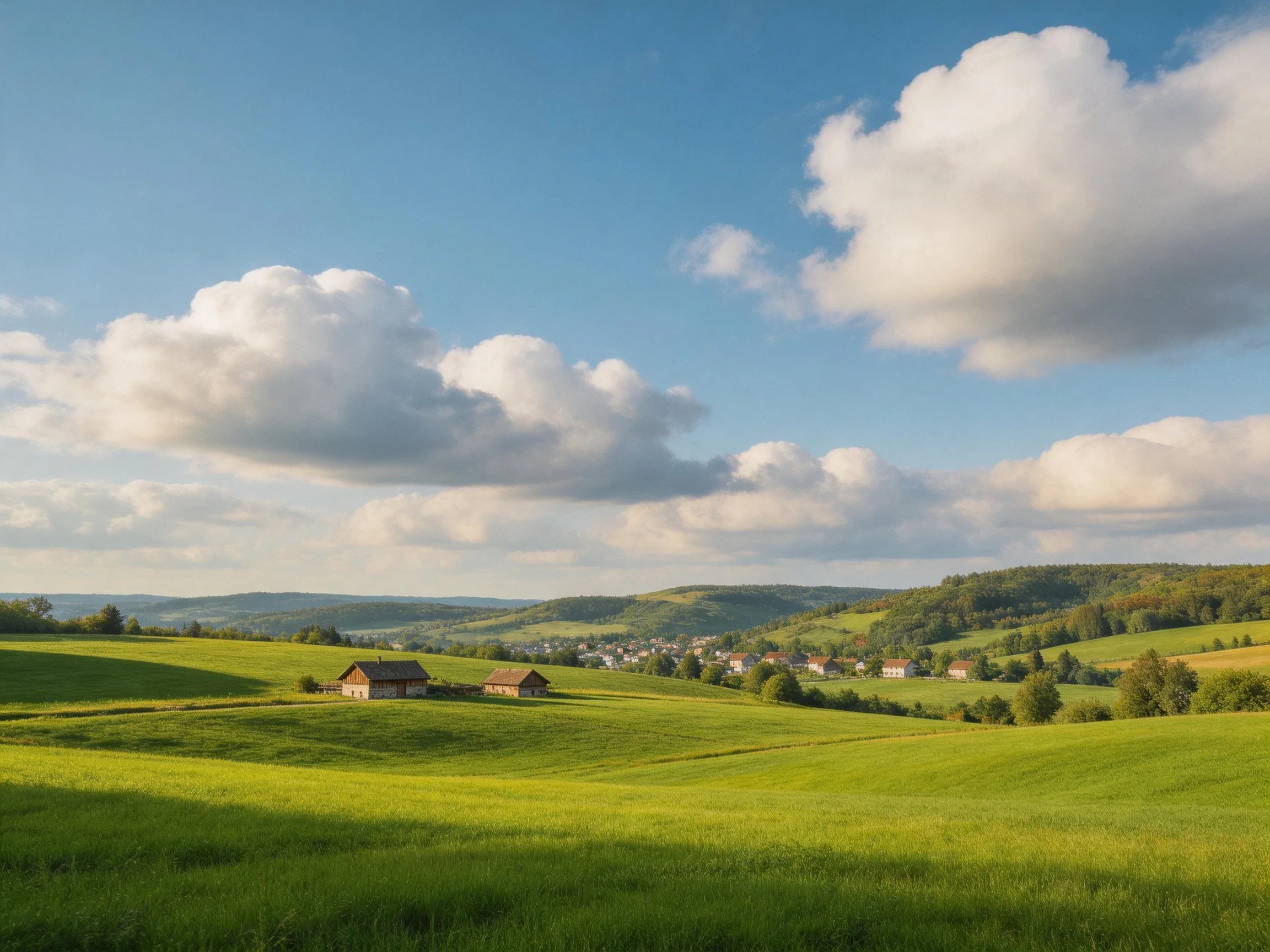 Lush green fields, scattered homes, and a bright sky with clouds