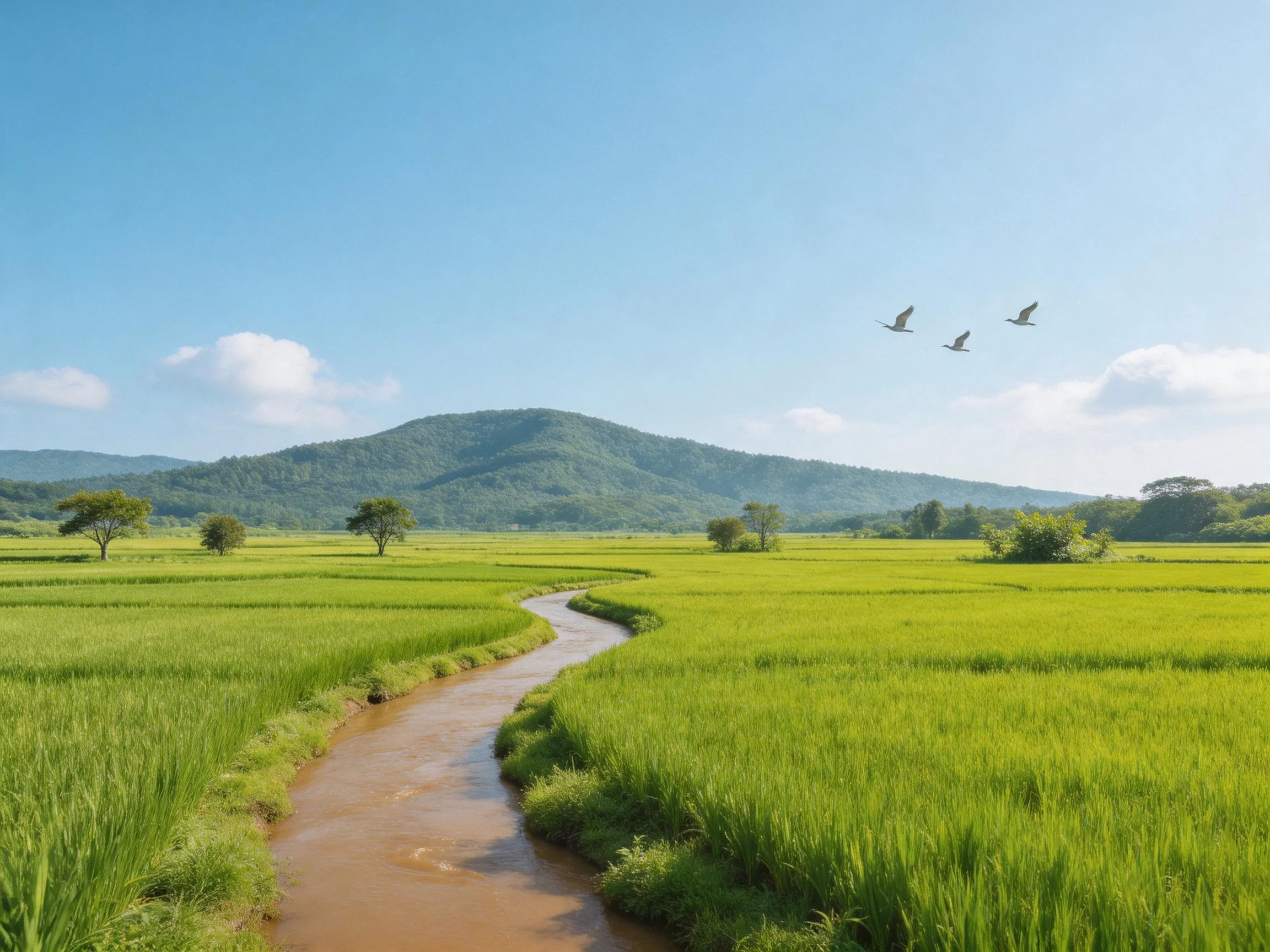 Lush green fields, winding stream, forested mountains under clear blue sky