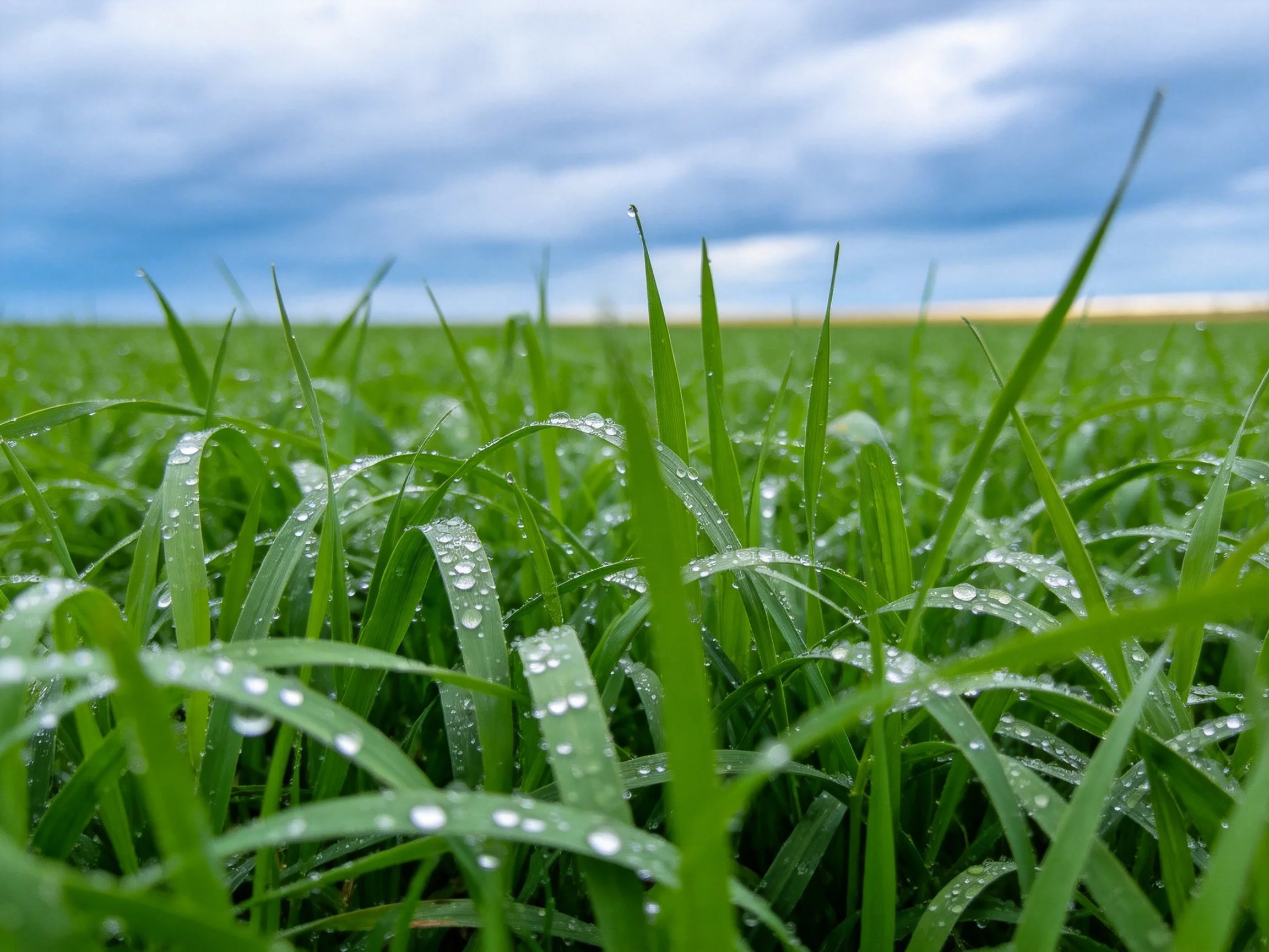 Lush green grass blades with glistening dew drops under cloudy sky