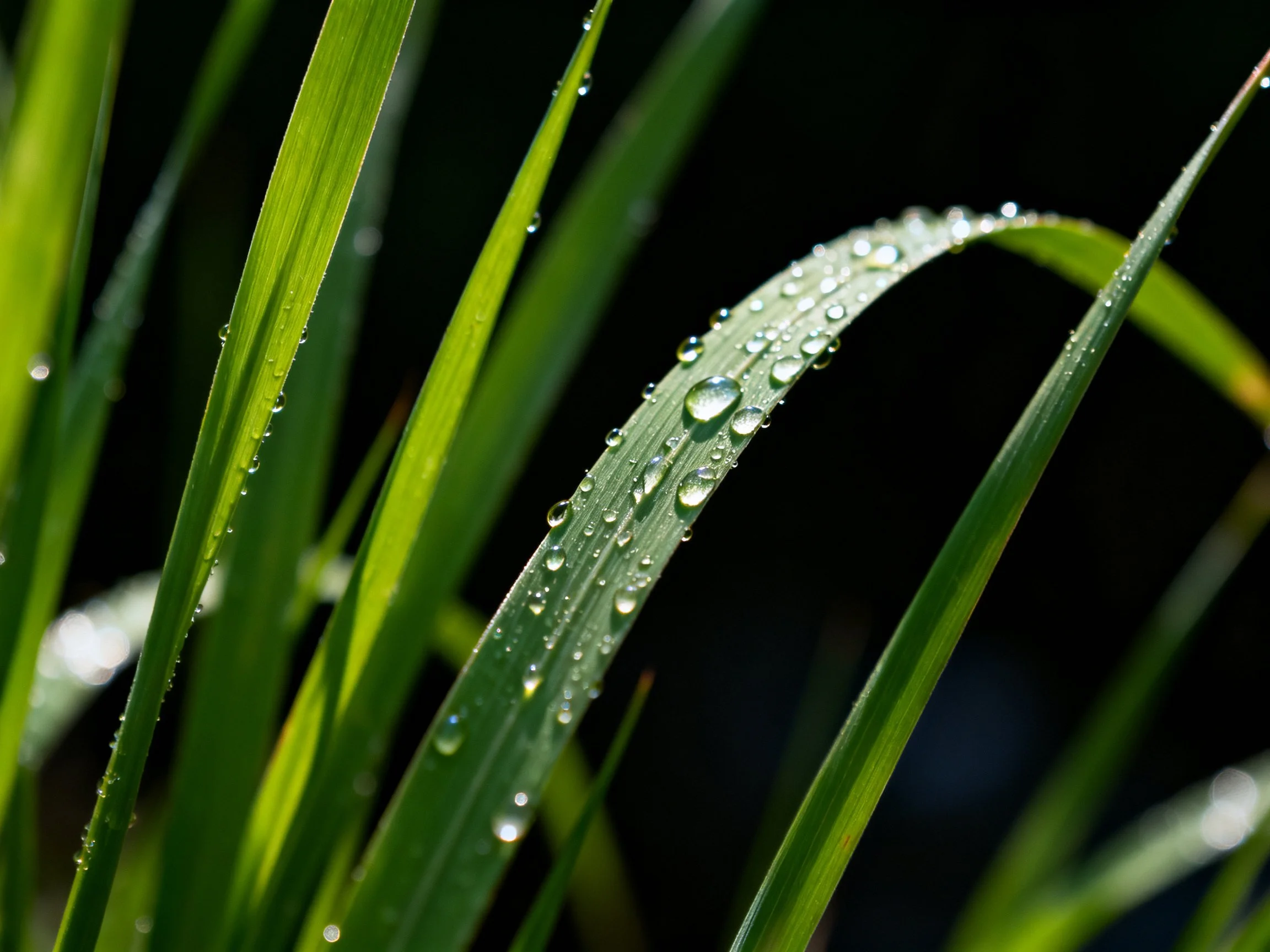 Lush green grass bladeswith sparkling dewdrops
