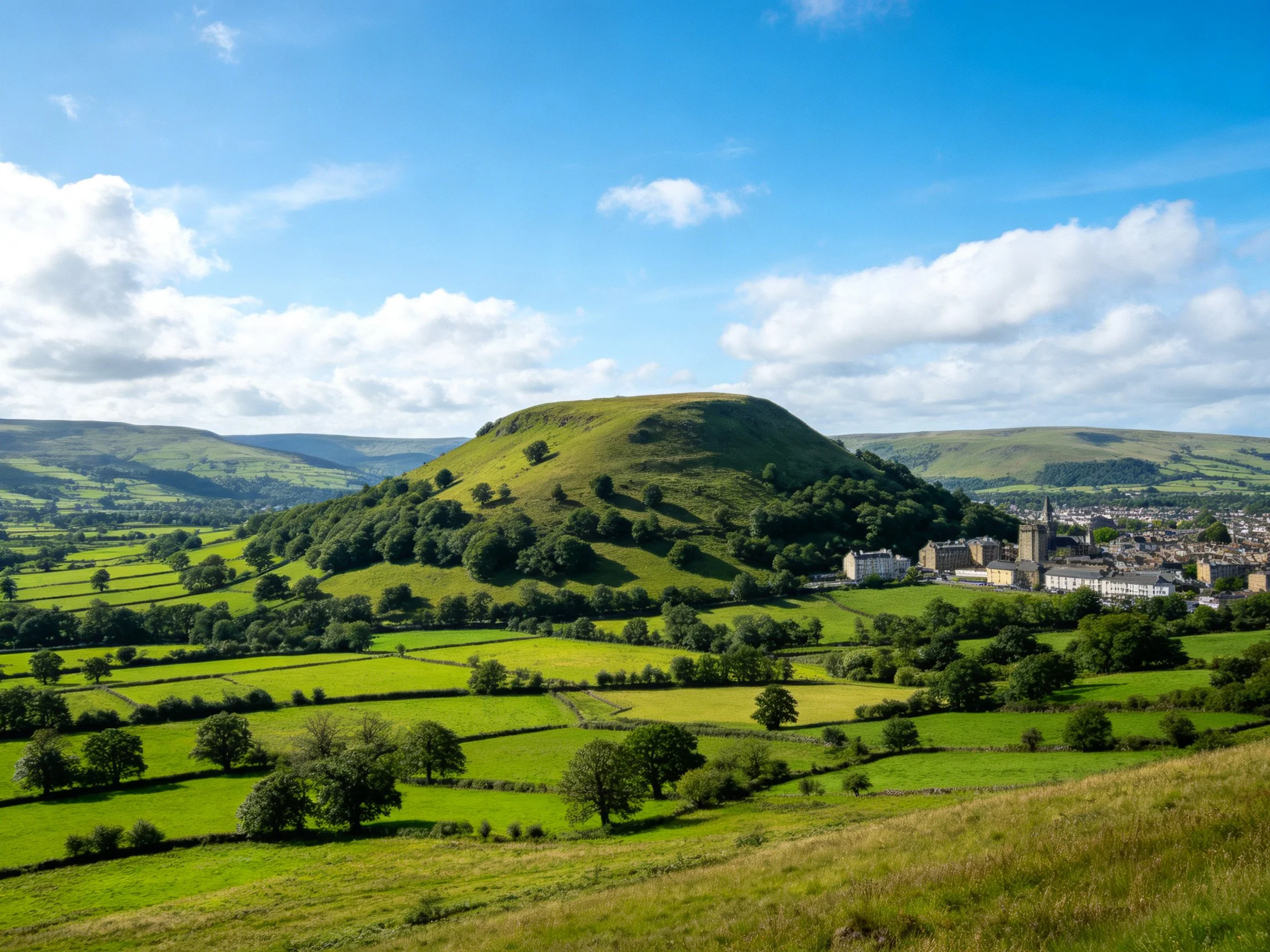 Lush green hill overlooks historic town below
