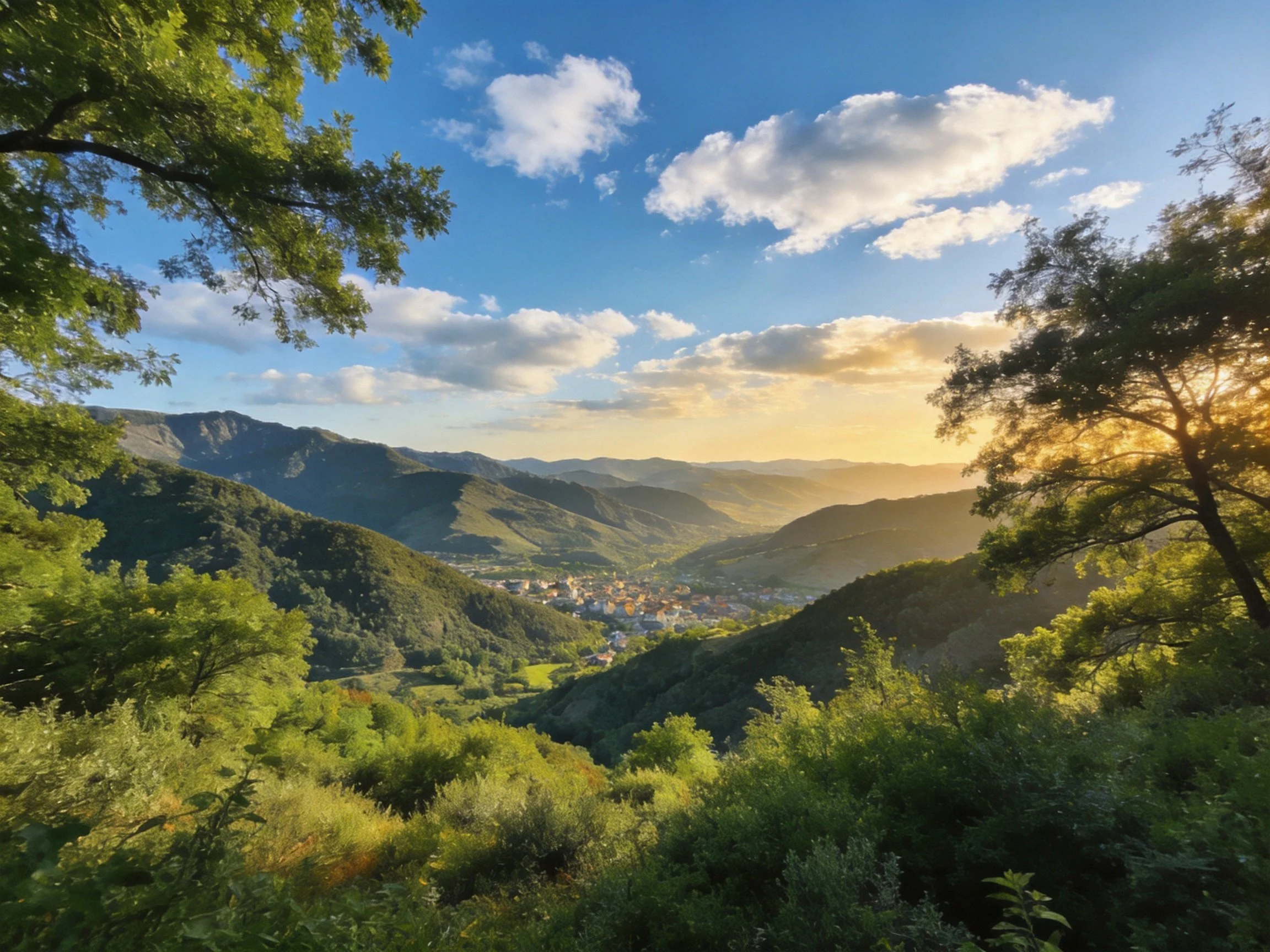 Lush green hills frame a sunlit valley town under blue skies