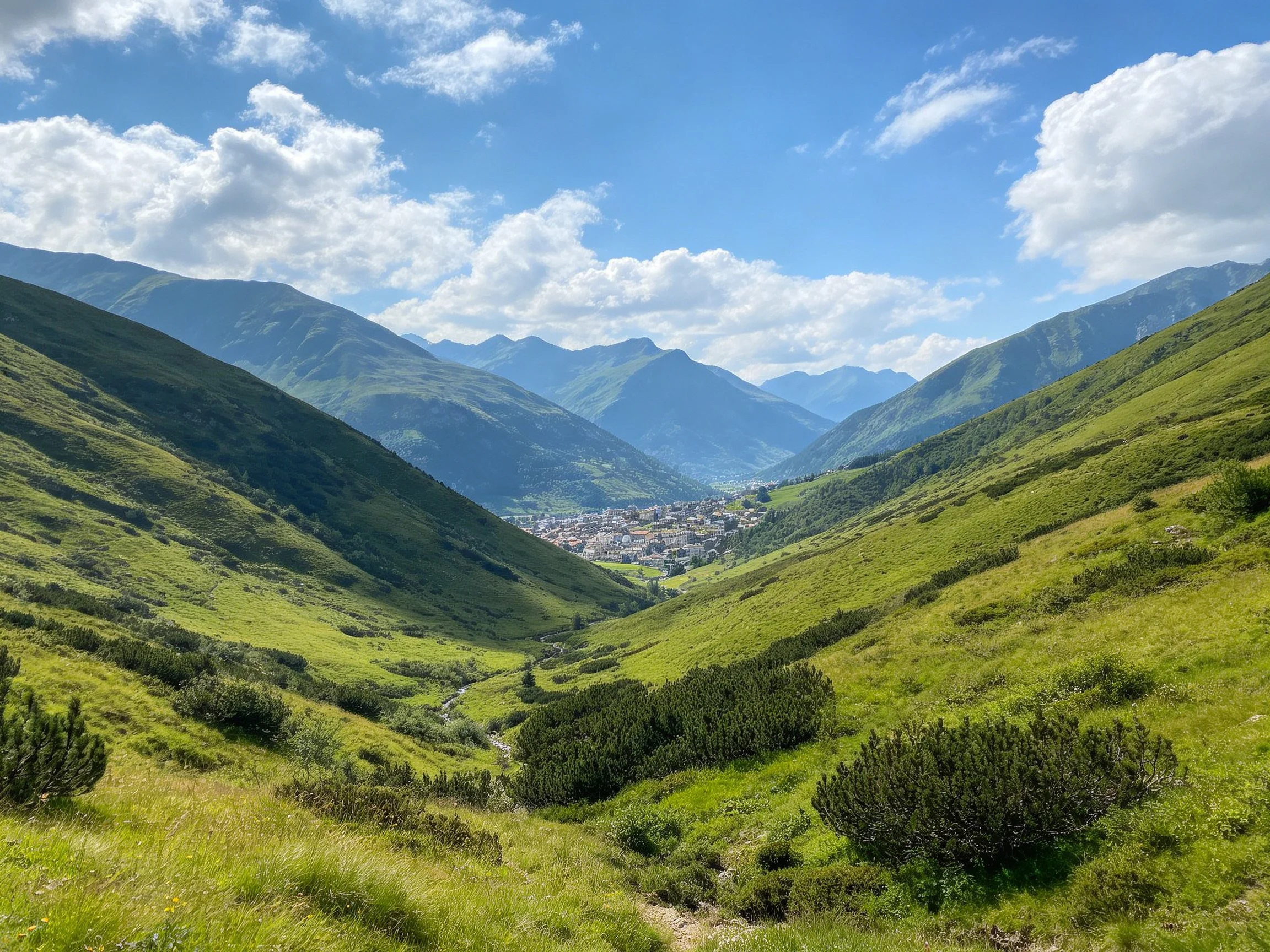Lush green hills frame a valley with a distant mountain town under a bright blue sky.