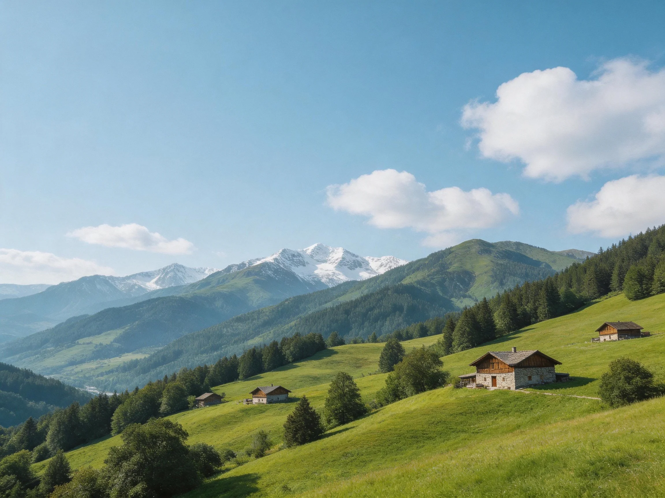 Lush green hills, rustic cabins, snow-capped mountains under bright blue sky