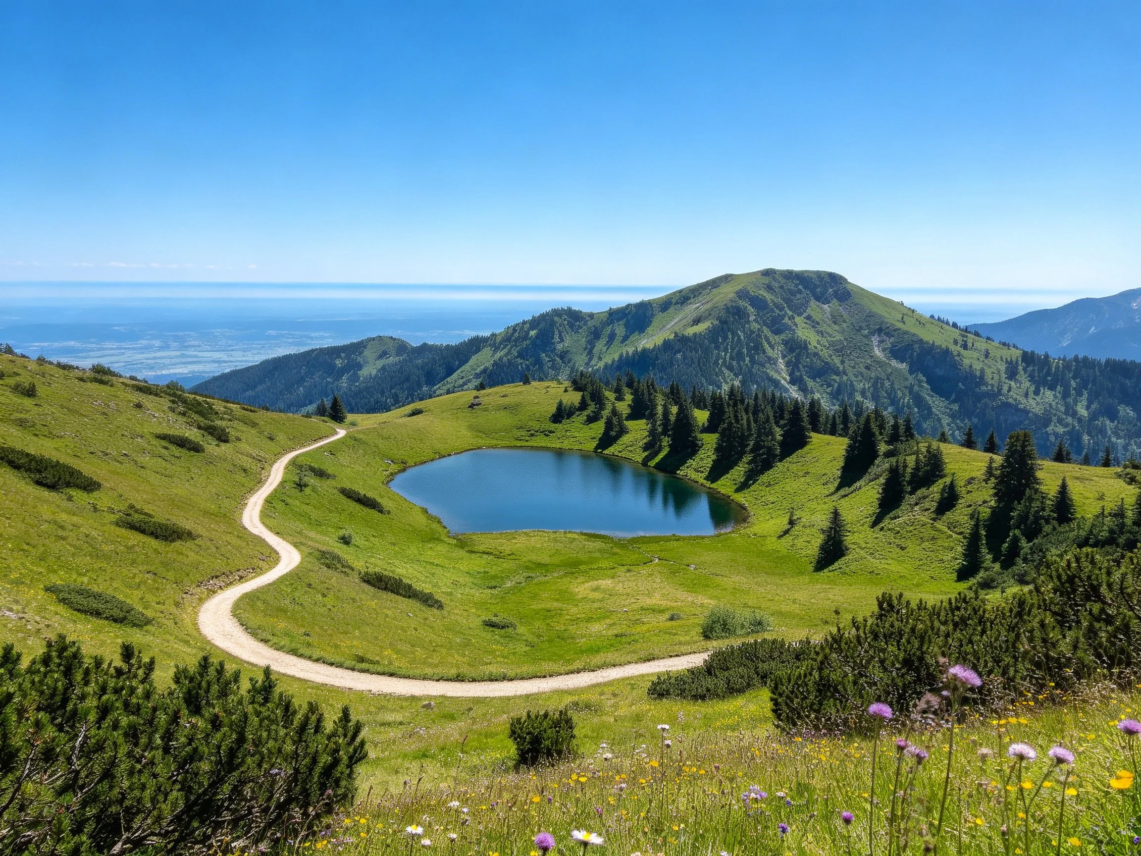 Lush green hills surround a serene alpine lake with a winding path.