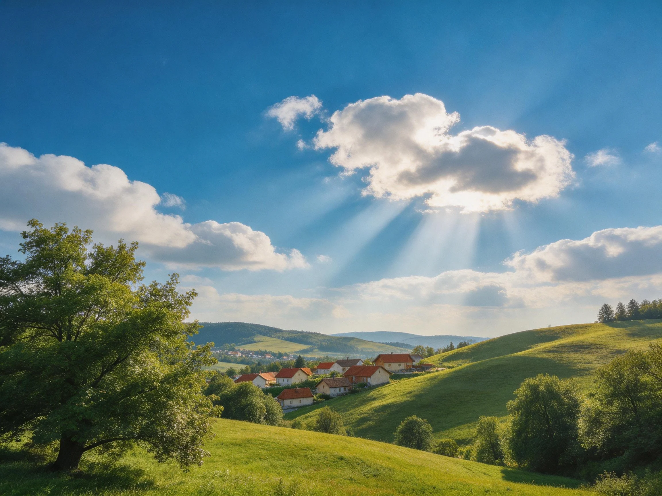 Lush green hills surrounda red-roofed village under a radiant sky.