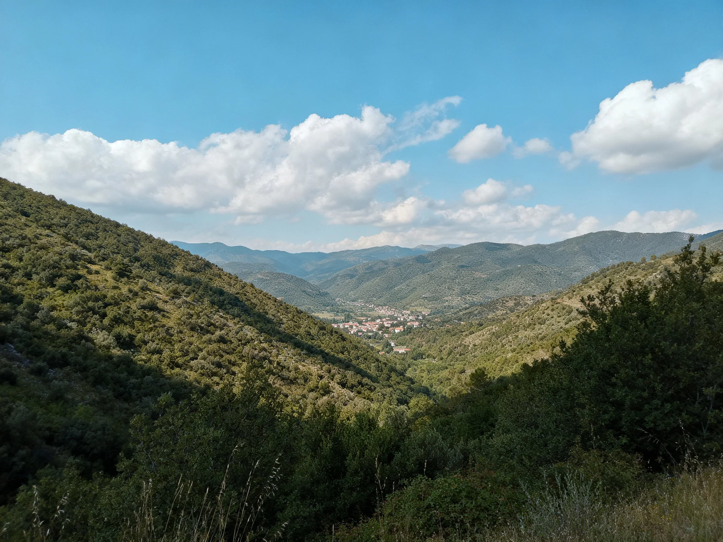 Lush green hills with dense foliage surround a valley town under a bright blue sky