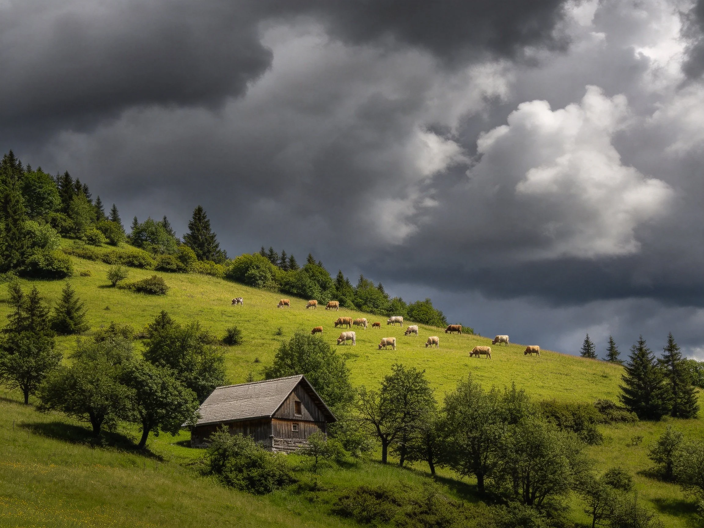 Lush green hillside with cattle, wooden cabin, and stormy sky