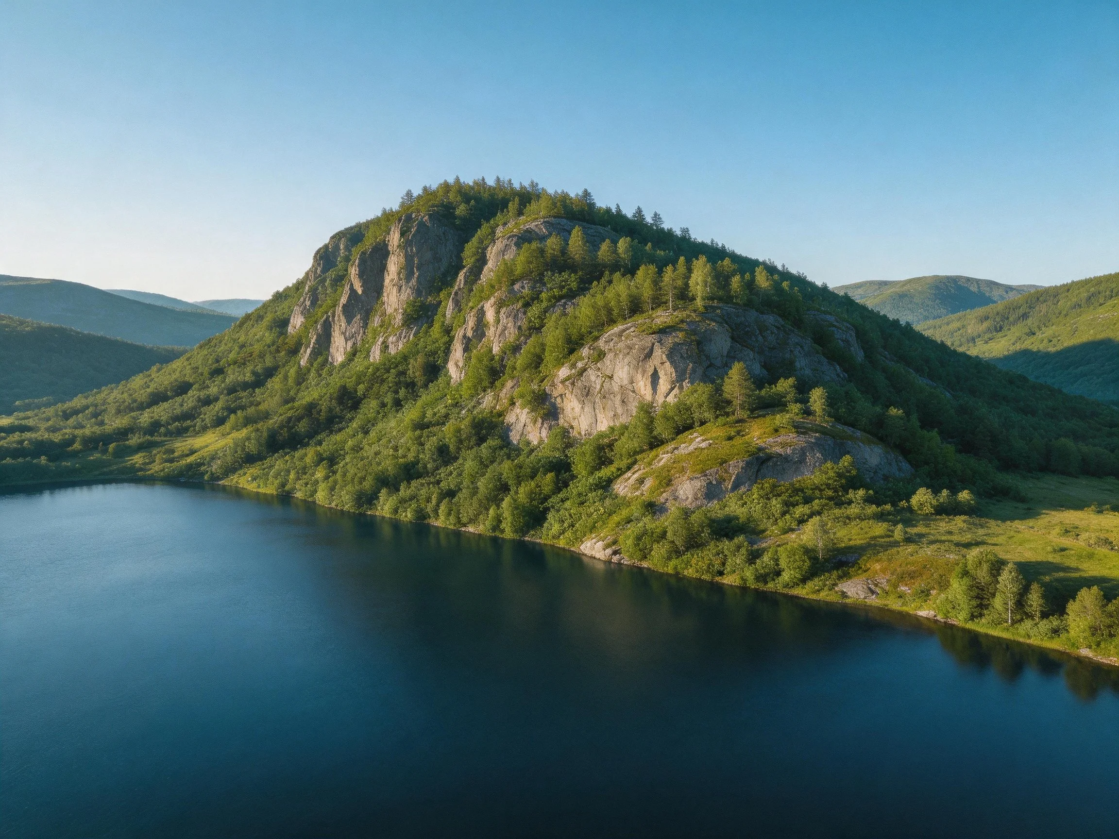 Lush green hillside with rocky cliffs near calm blue waters