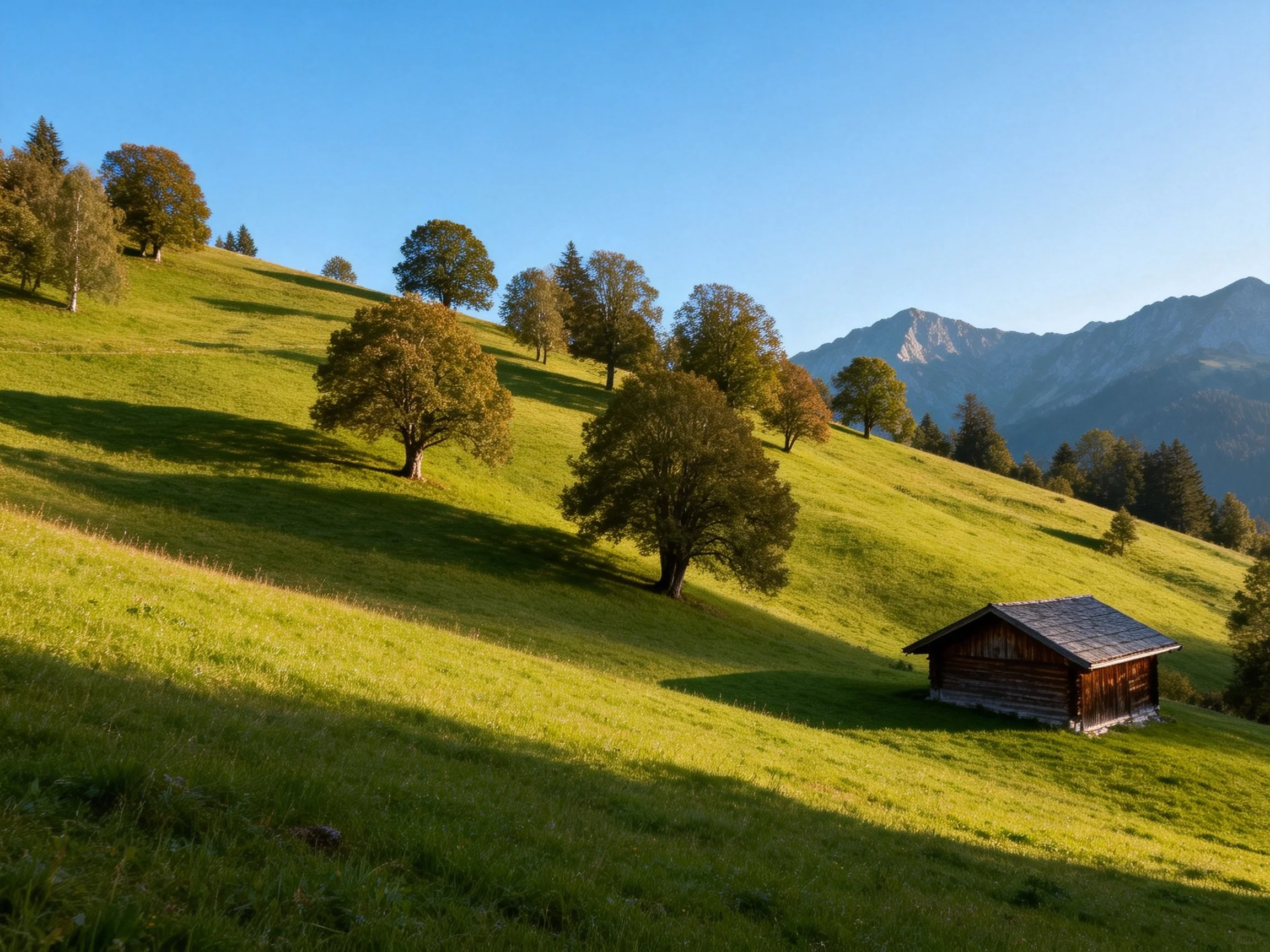 Lush green hillside with scattered trees and a wooden cabin