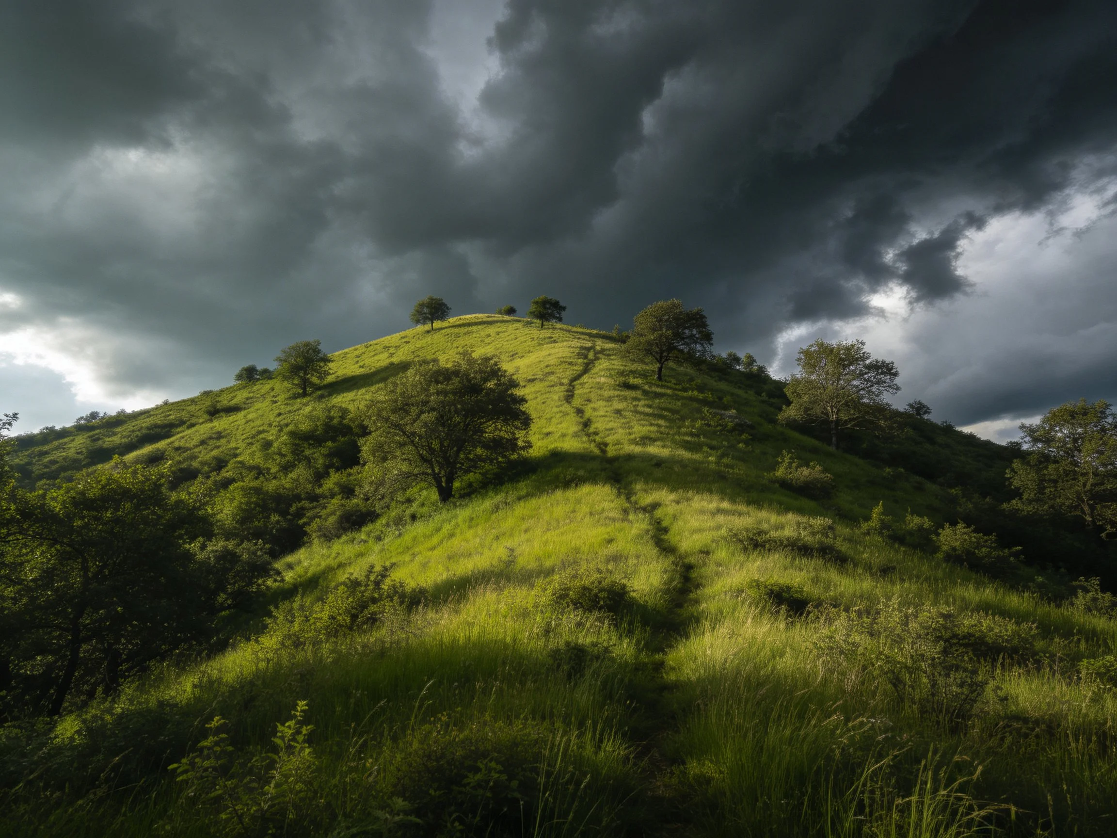 Lush green hillside with scattered trees under dark stormy sky