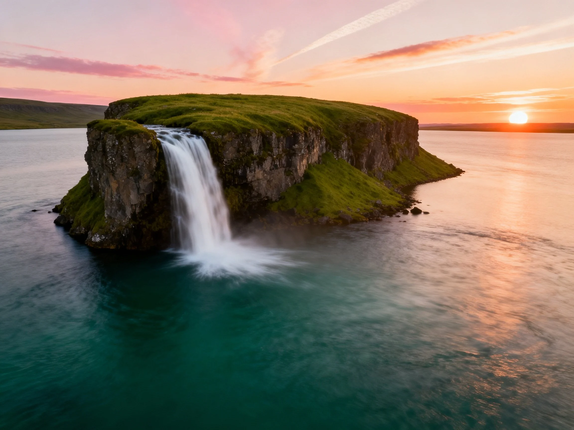 Lush green island waterfall at sunset with turquoise waters