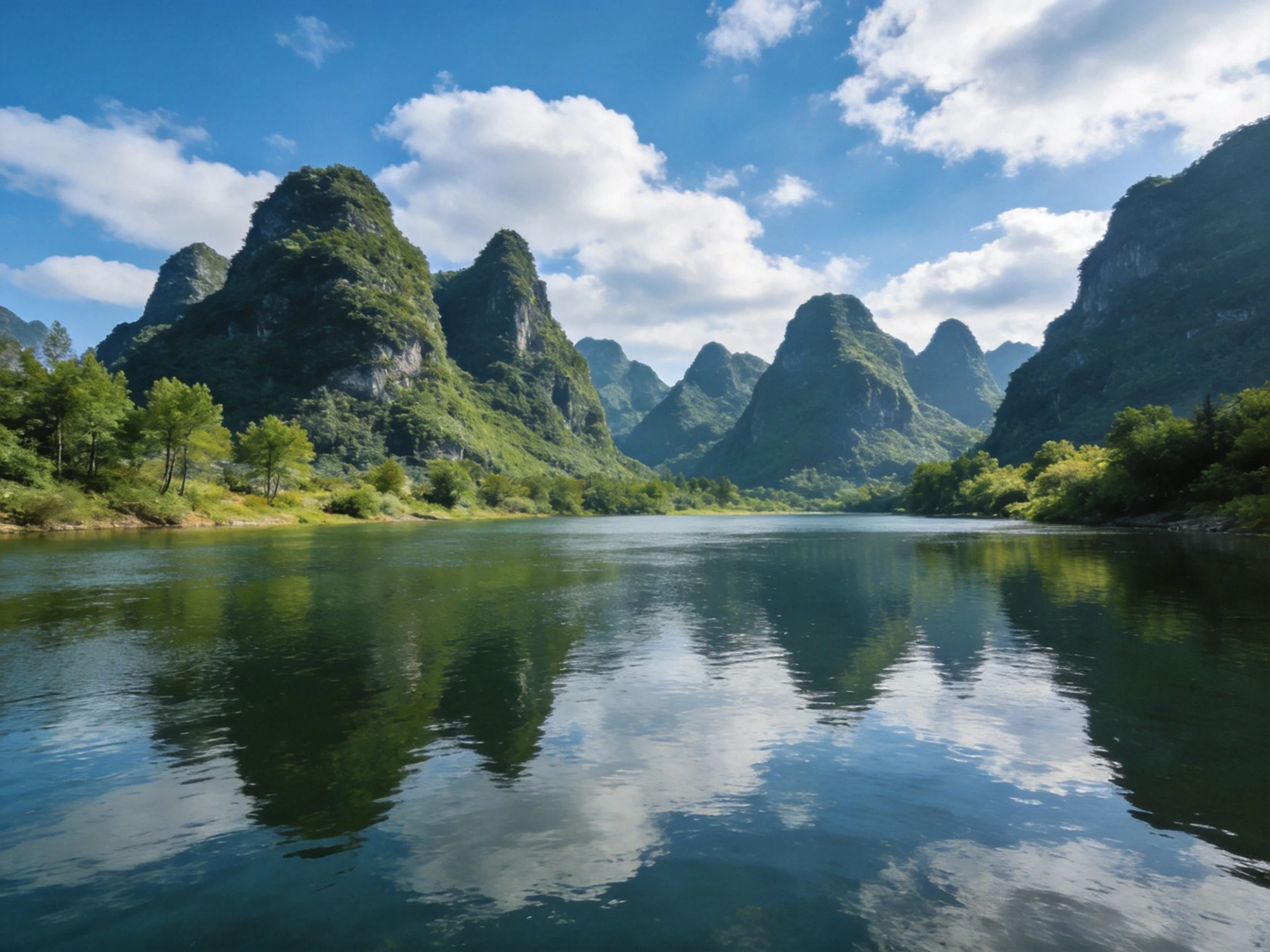 Lush green karst peaks reflect in serene river waters