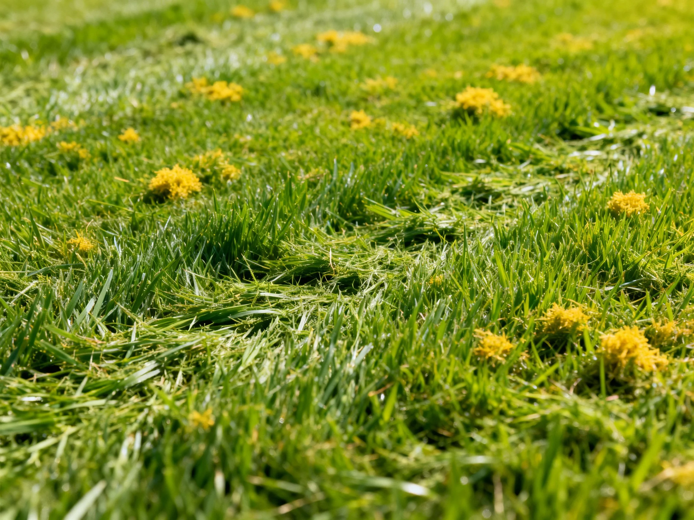 Lush green lawn with scattered yellow patches