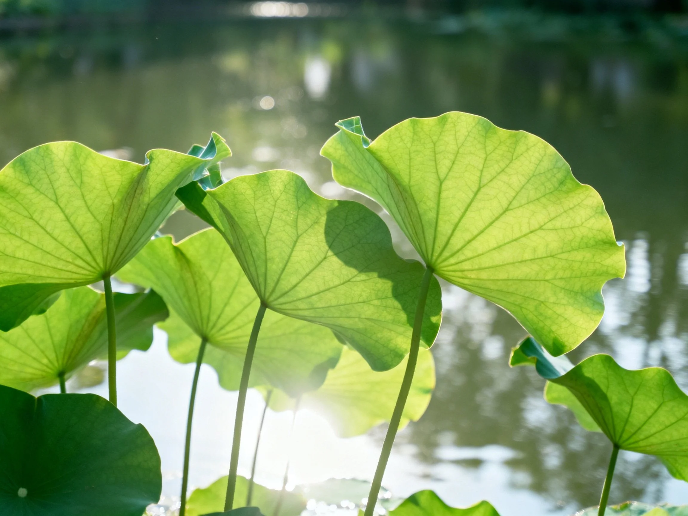 Lush green lotus leaves near calm water under bright sunlight