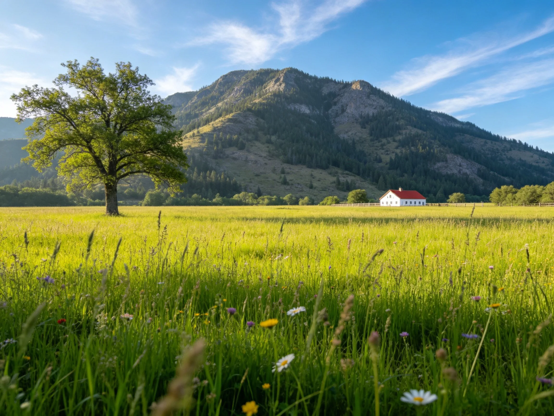 Lush green meadow, lone tree, red - roofed farmhouse, forested mountain