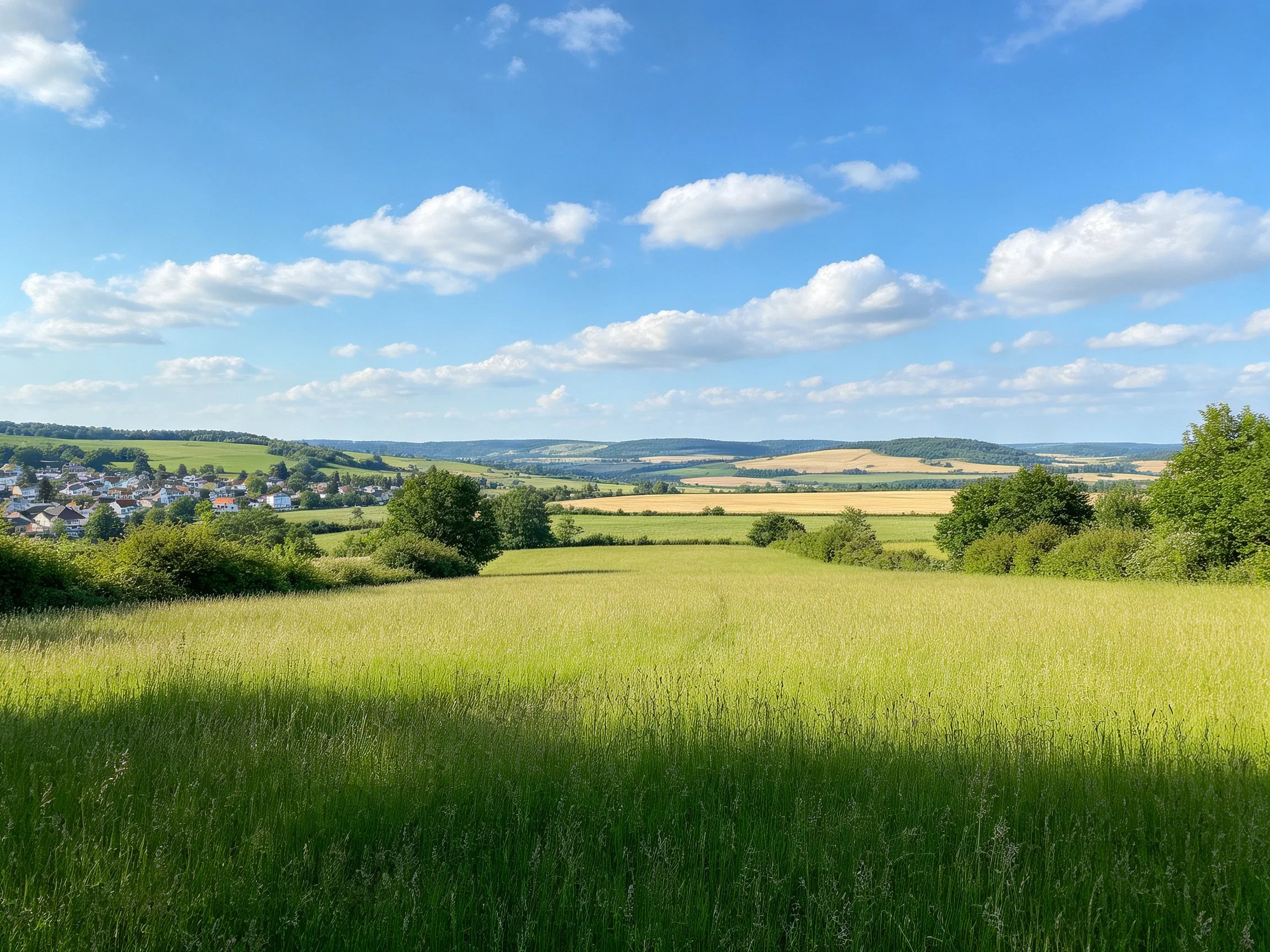 Lush green meadow overlooks village and rolling countryside under bright blue sky