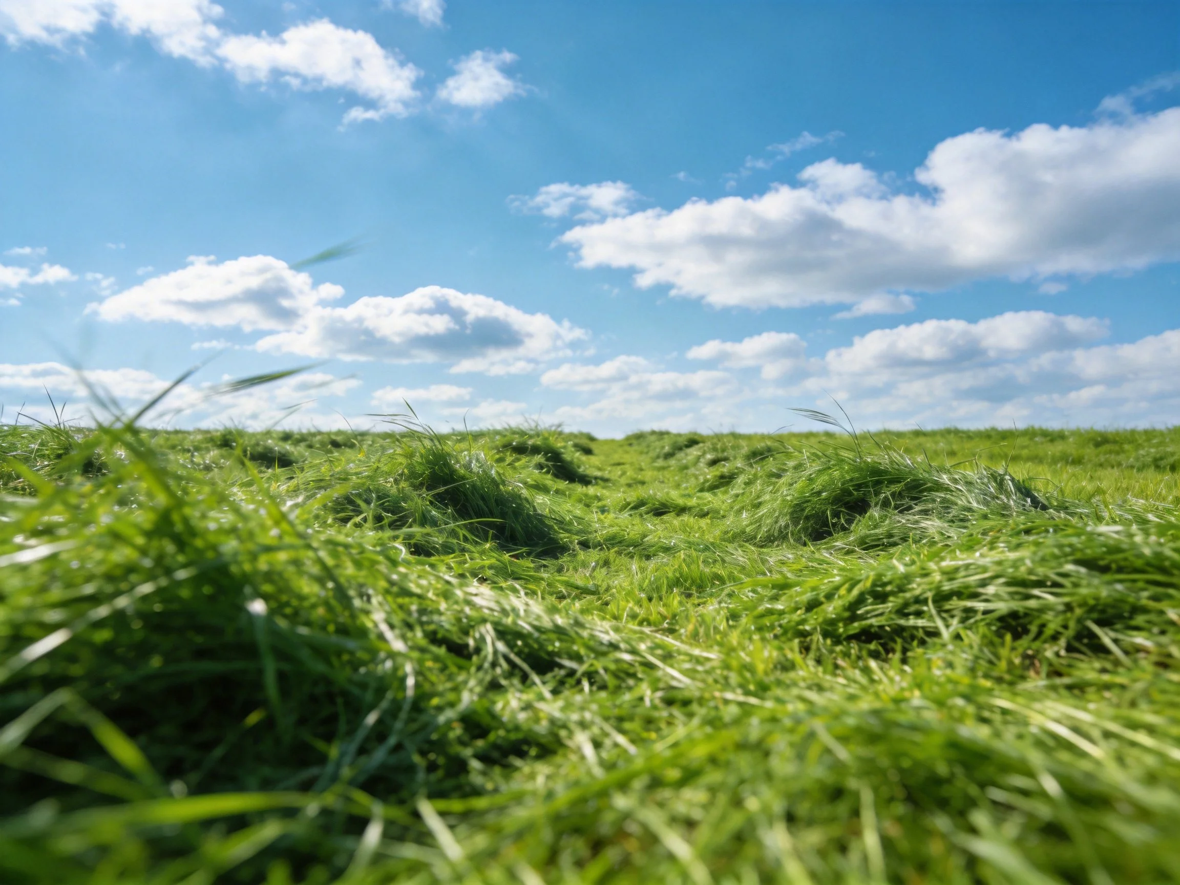 Lush green meadow under bright blue sky with fluffy clouds