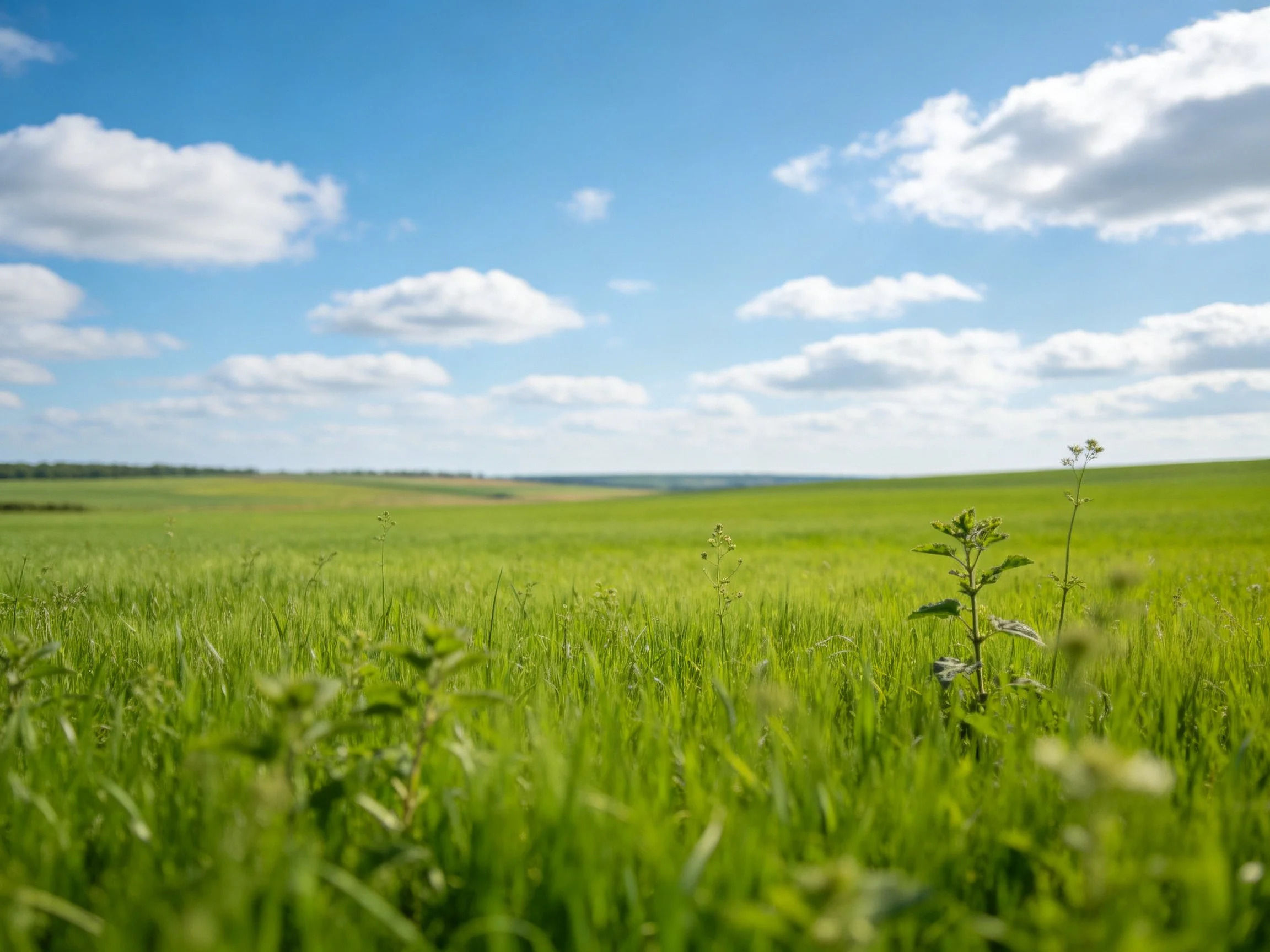 Lush green meadow under bright blue sky with scattered clouds