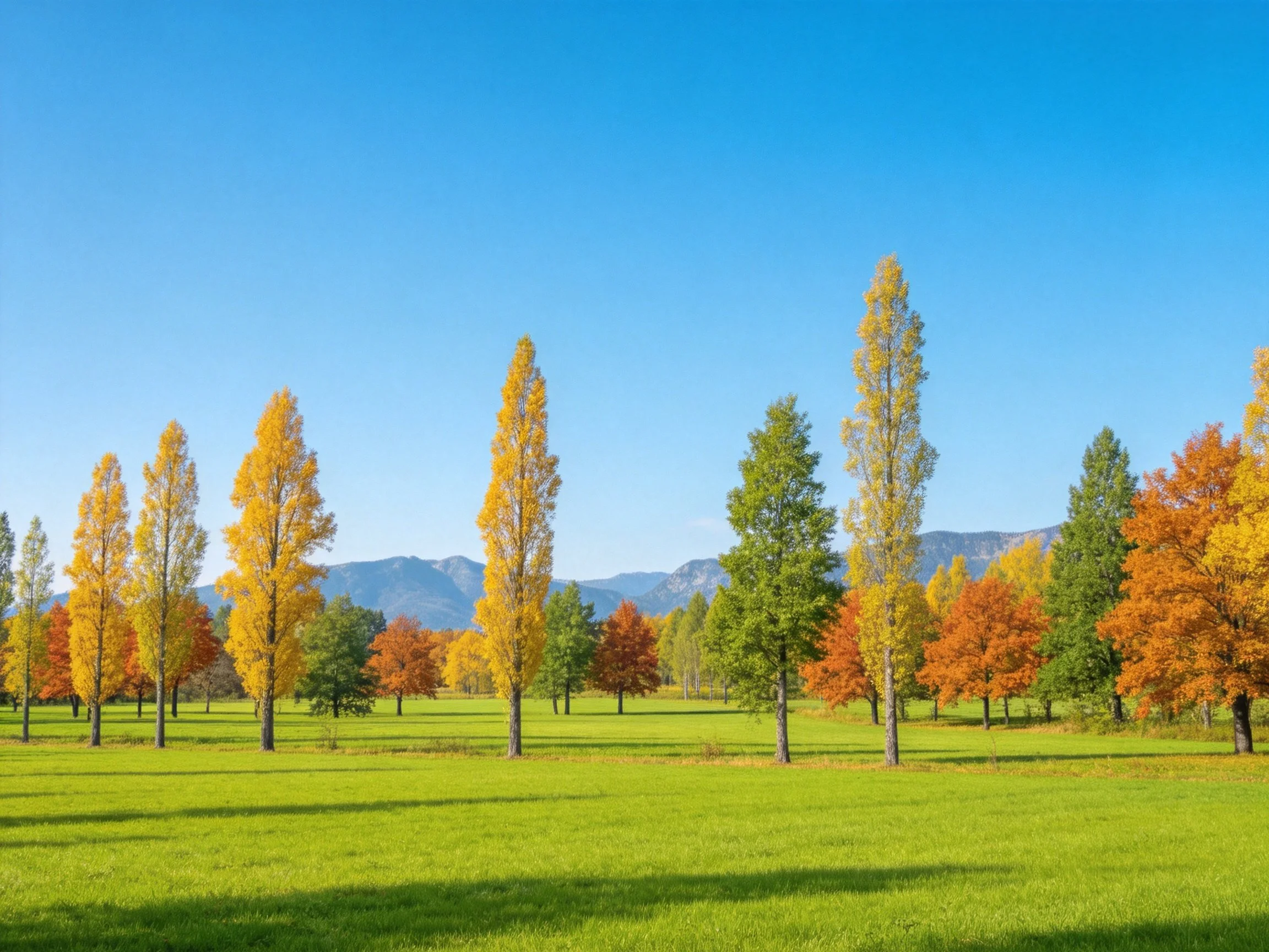 Lush green meadow with colorful autumn trees under bright blue sky