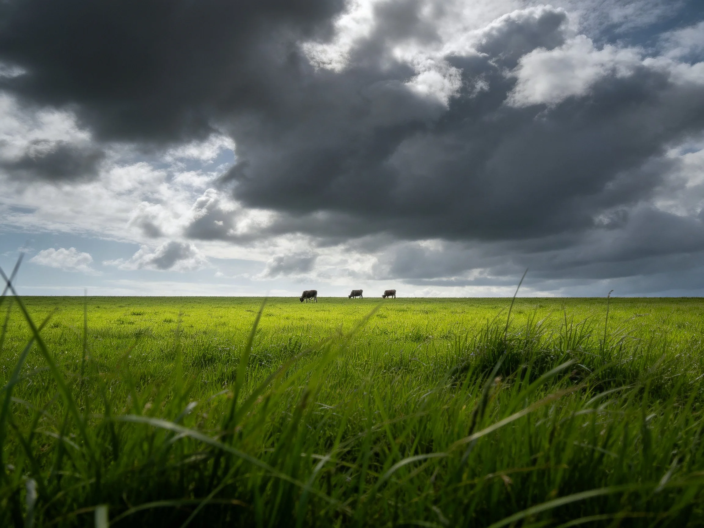 Lush green meadow with cows under dramatic cloudy sky
