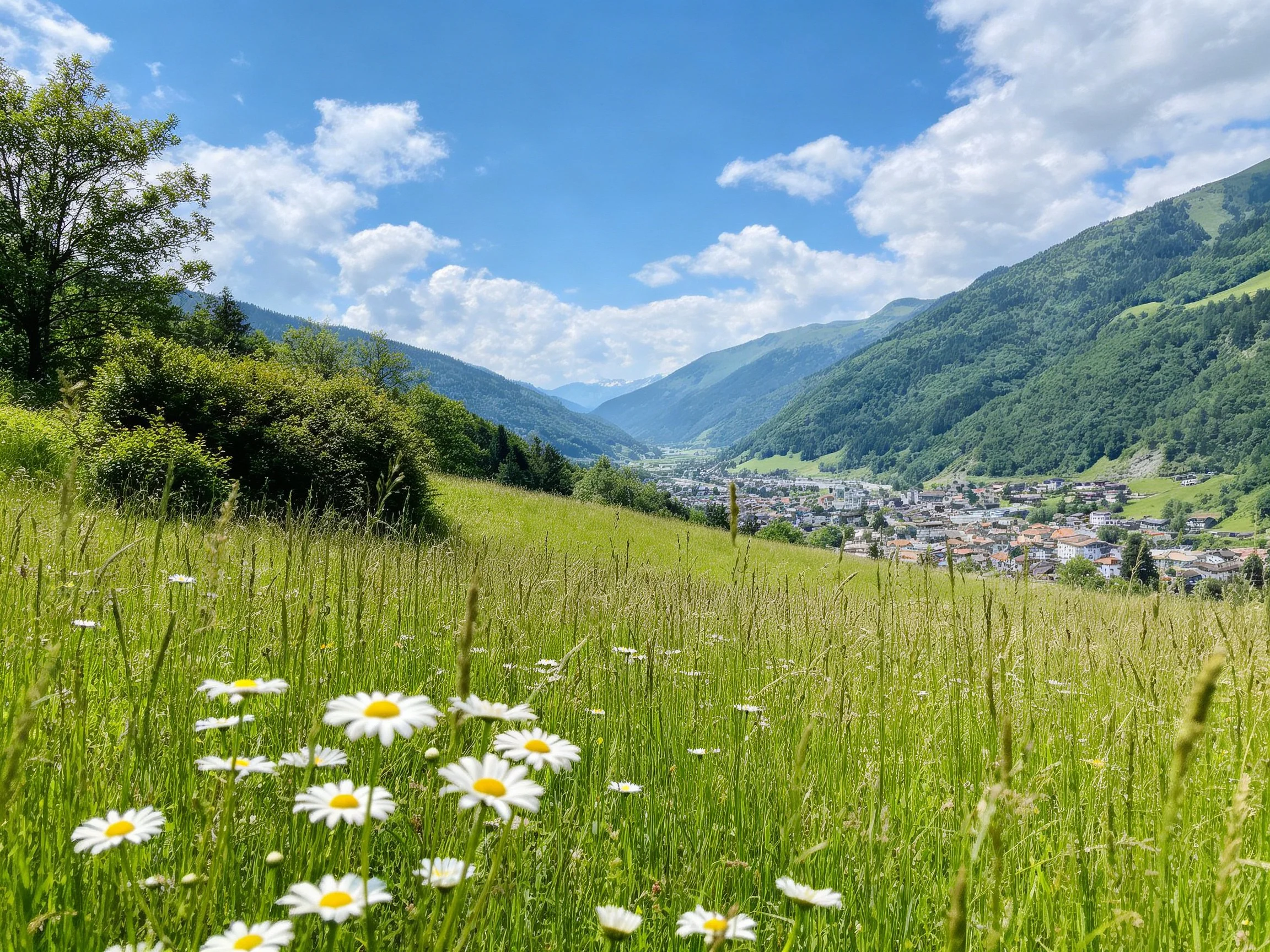 Lush green meadow with daisies overlooks mountain valley town