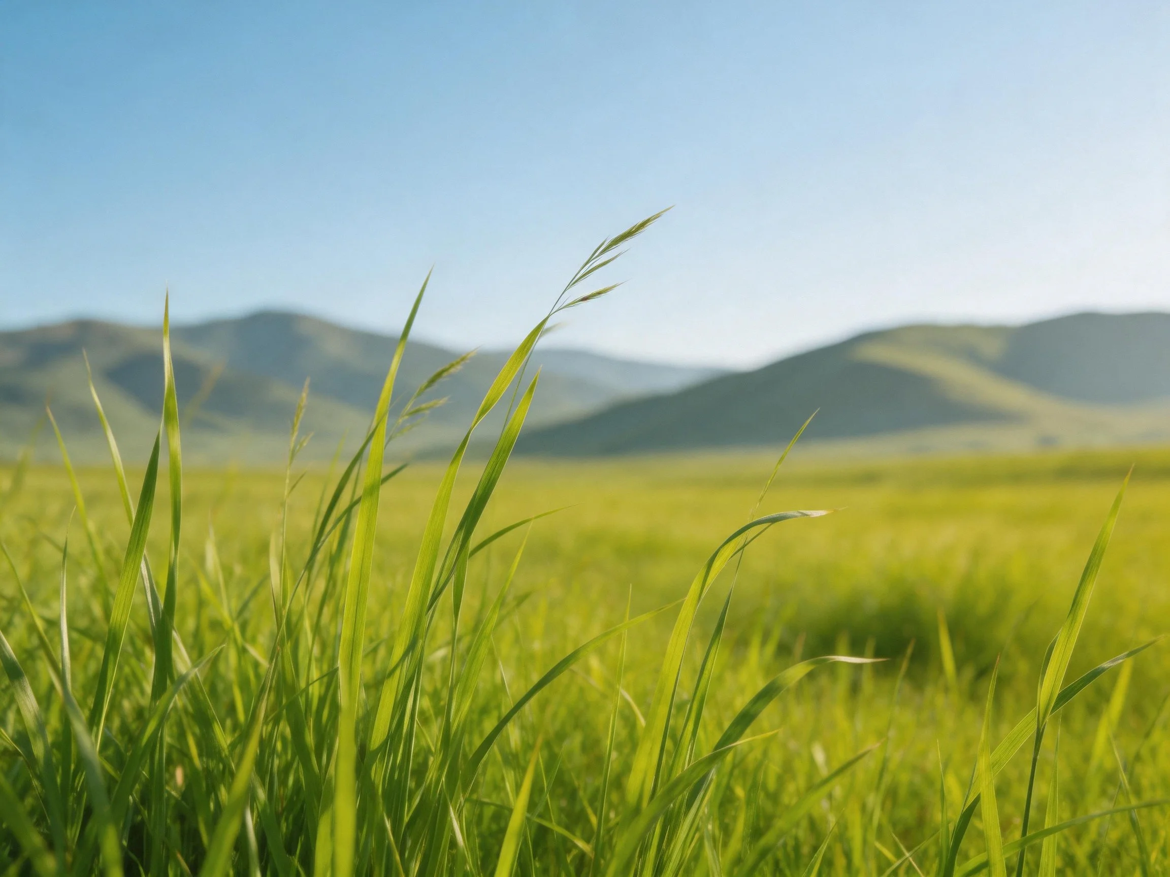 Lush green meadow with distant rolling hills