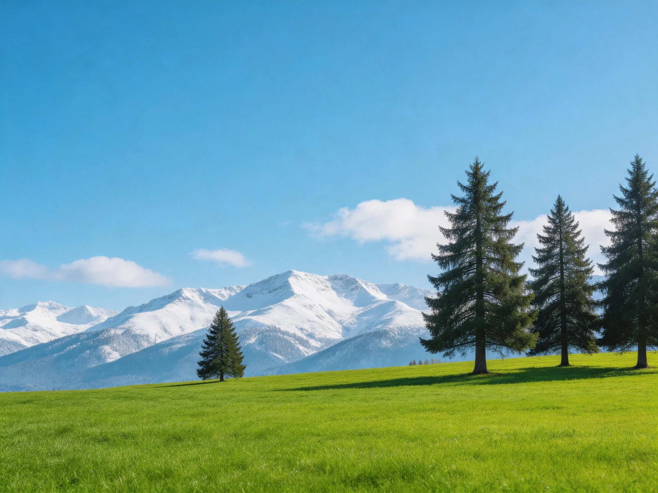 Lush green meadow with evergreen trees near snow - capped mountains