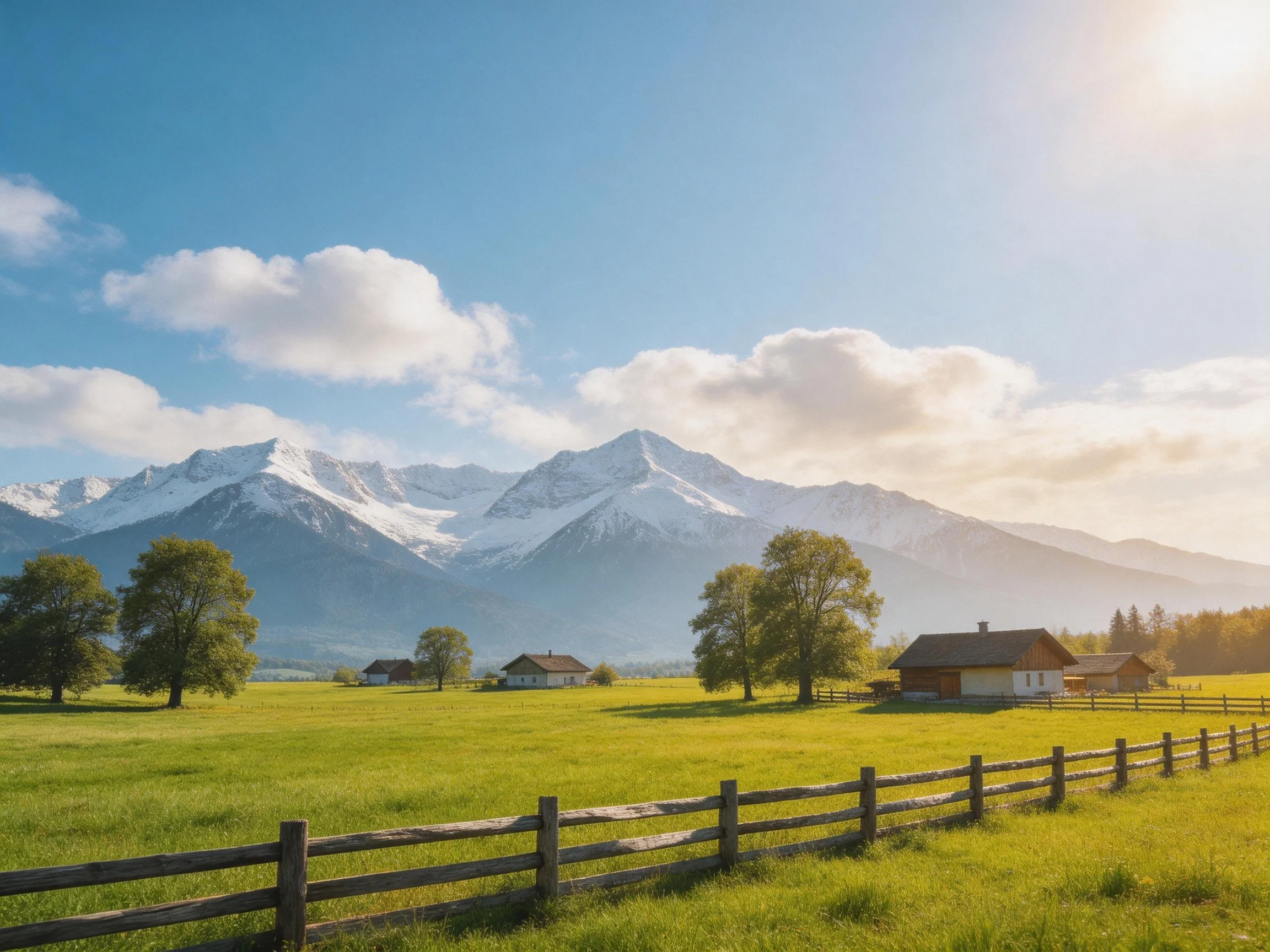 Lush green meadow with farmhouses beside snow - capped mountains