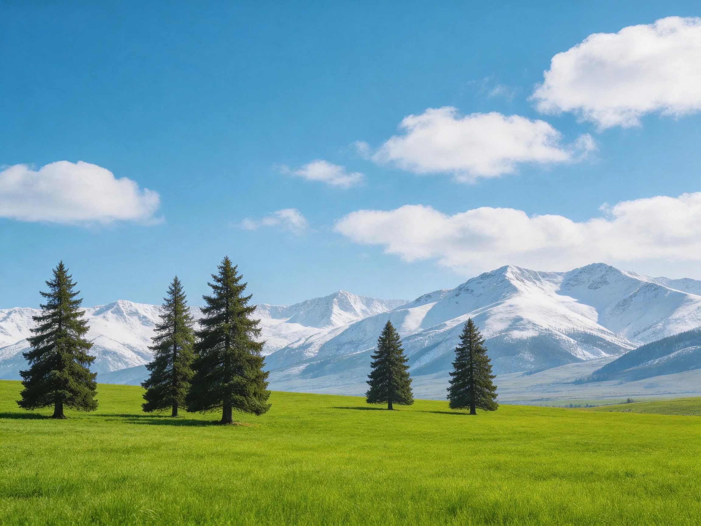 Lush green meadow with five evergreen trees near snow-capped mountains
