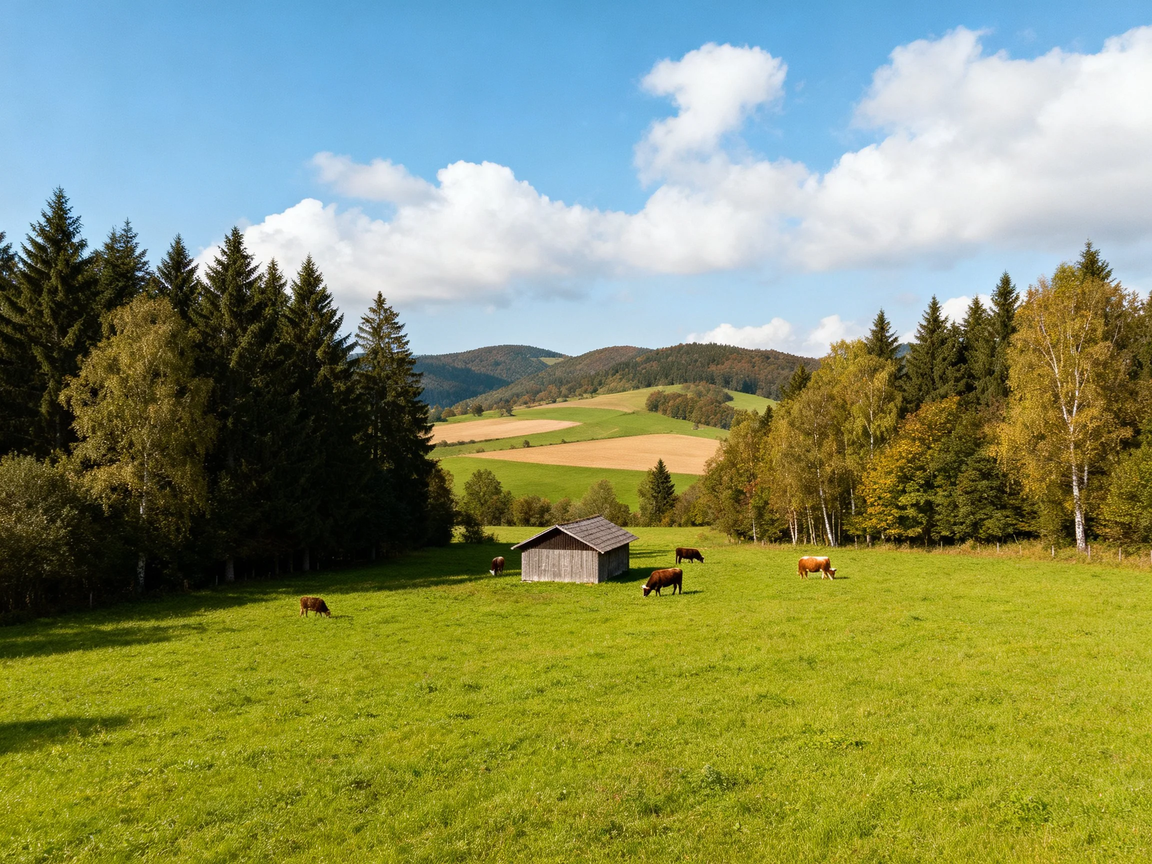 Lush green meadow with grazing cows, wooden shed, and forested hills