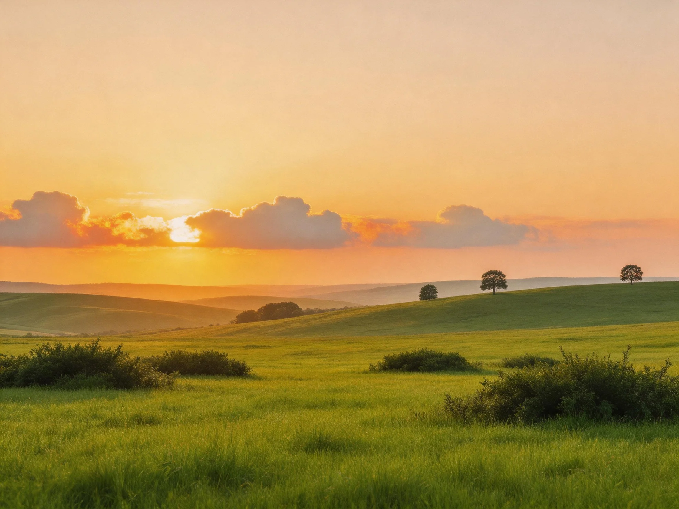 Lush green meadow with rolling hills under a golden sunset sky