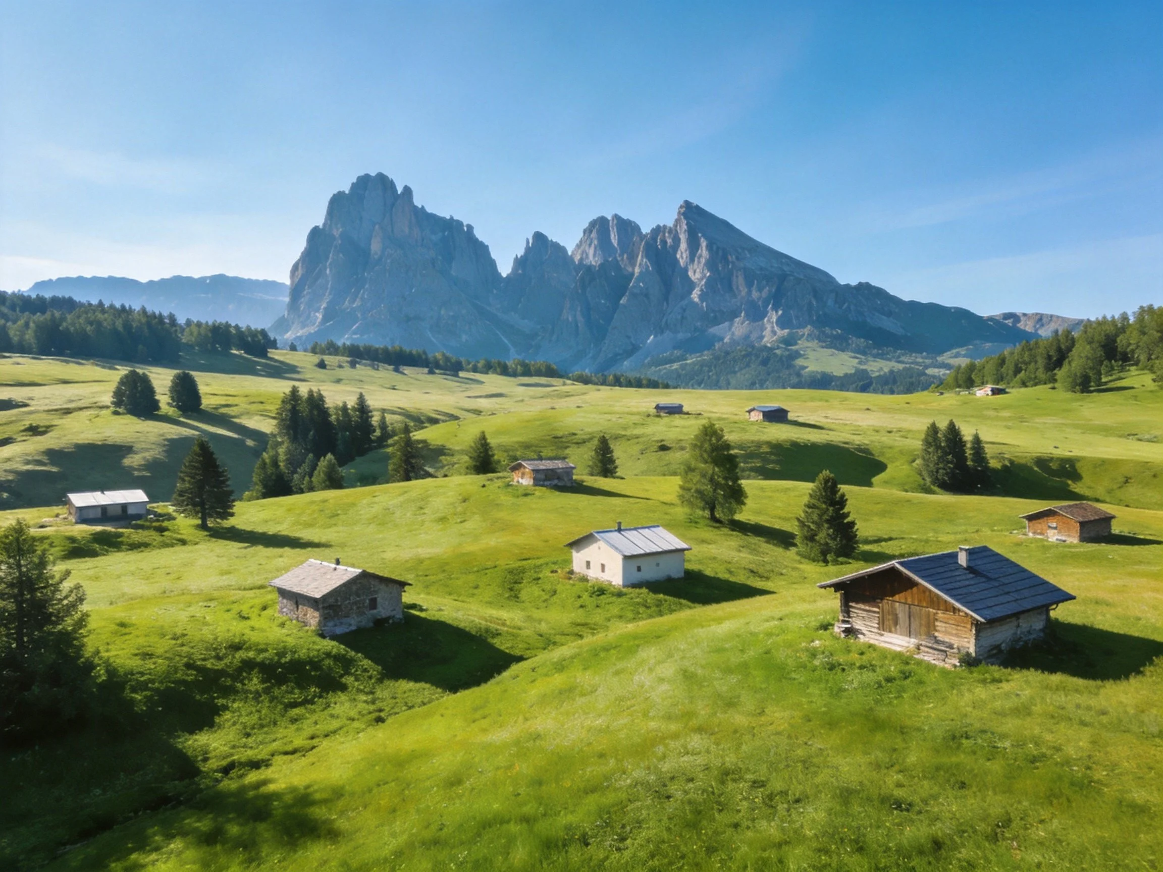 Lush green meadow with scattered cabins and majestic mountain backdrop