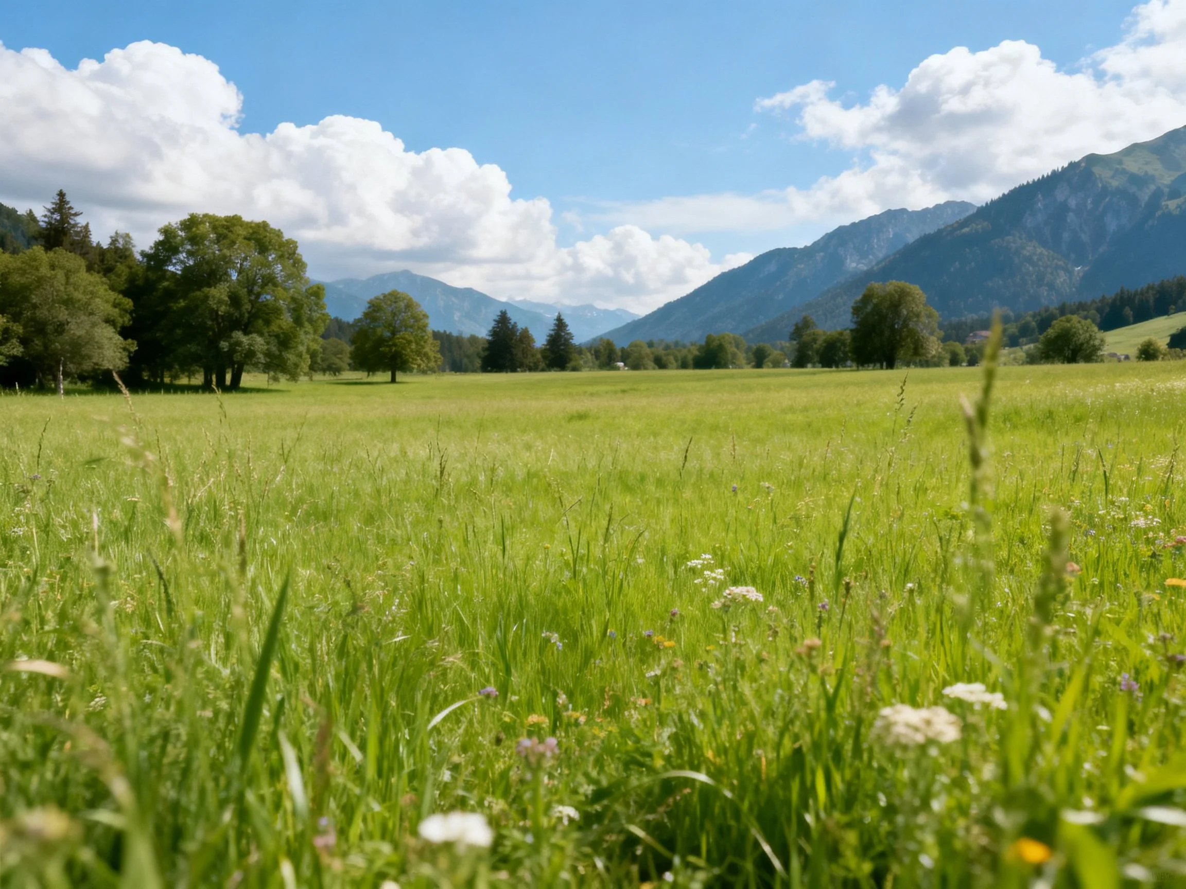 Lush green meadow with scattered trees and mountain backdrop under bright blue sky