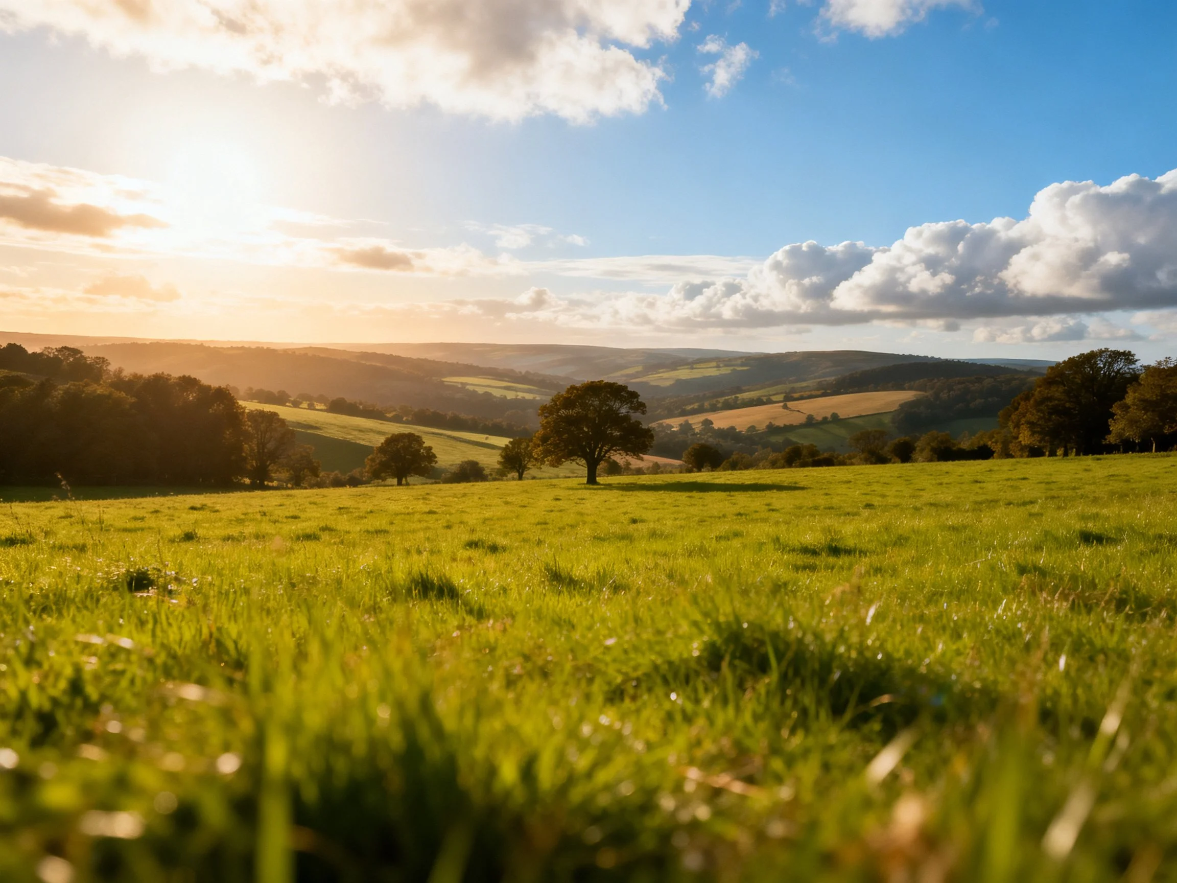 Lush green meadow with scattered trees, golden sunset over rolling hills