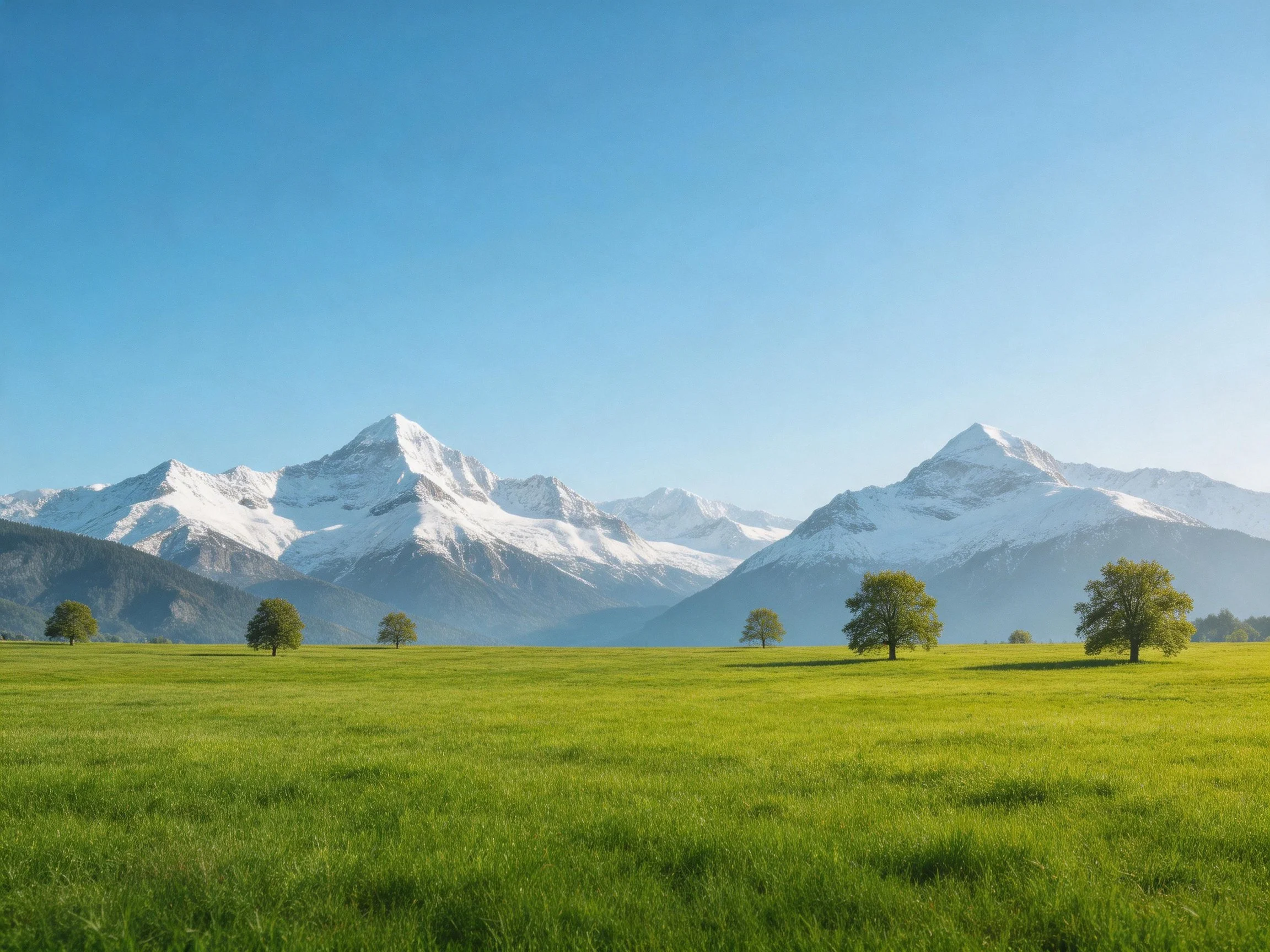Lush green meadow with scattered trees leading to snow-capped mountain peaks