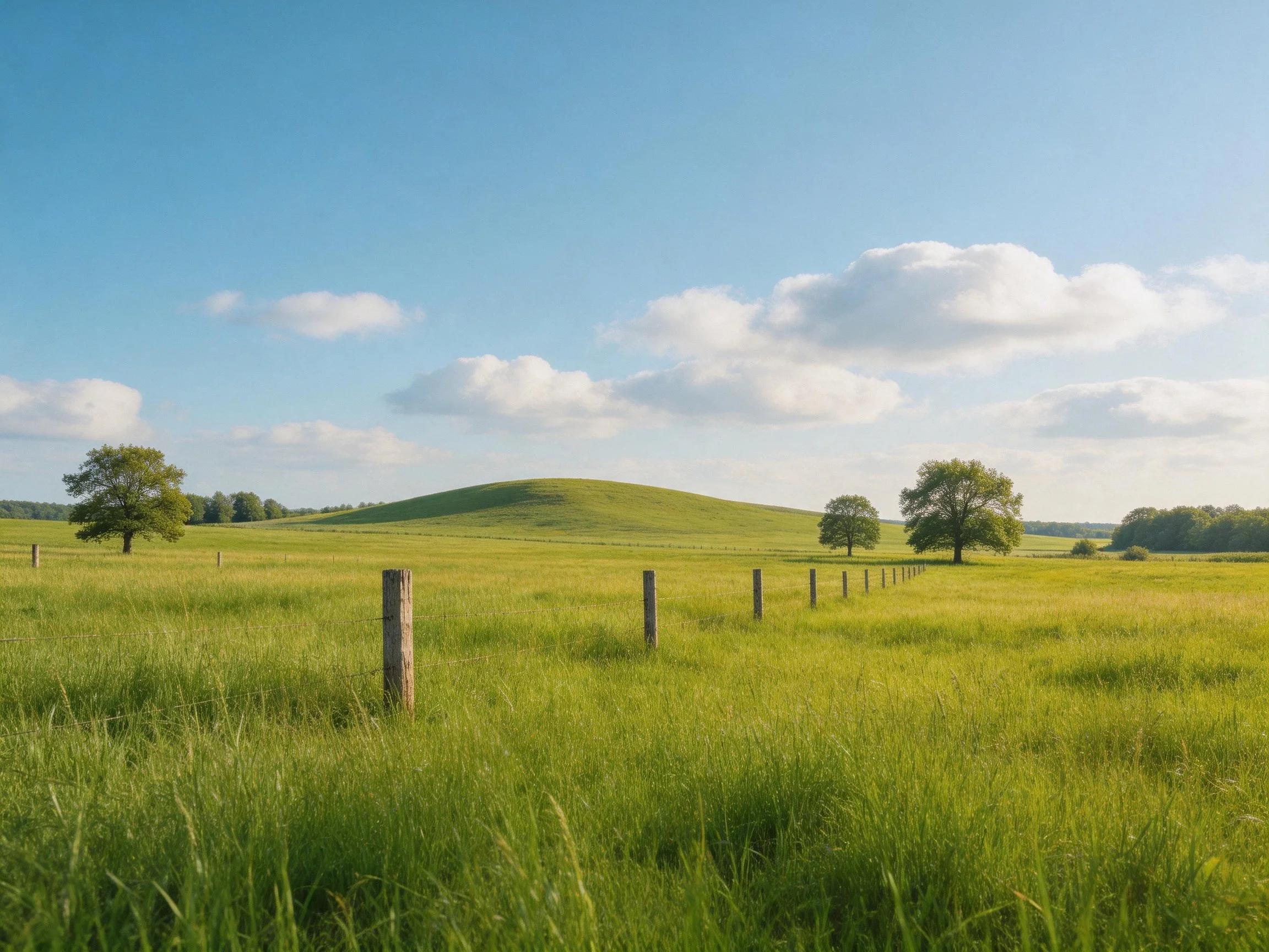 Lush green meadow with scattered trees, rolling hill, and wooden fence posts