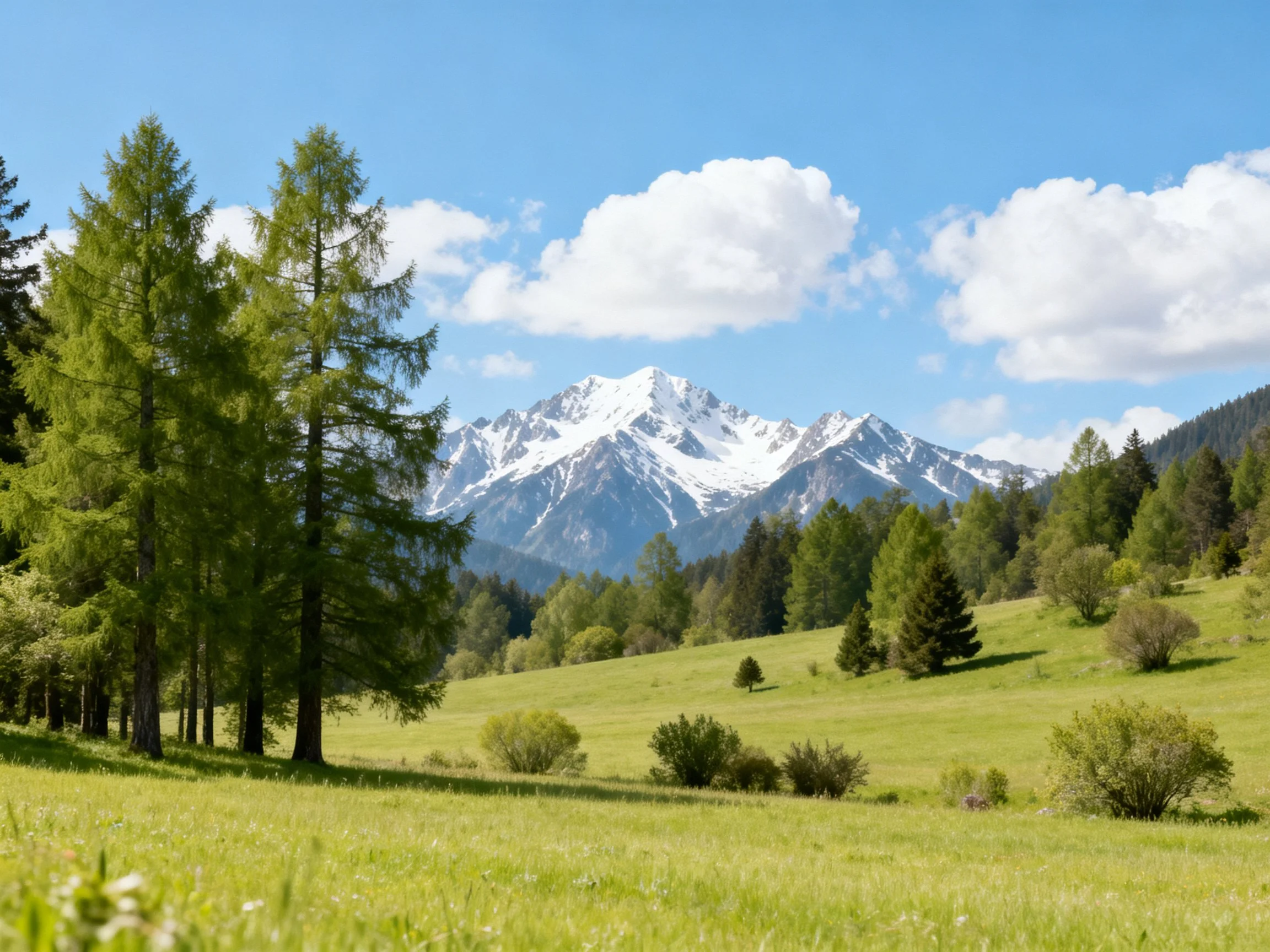 Lush green meadow with tall evergreen trees and snow-capped peaks