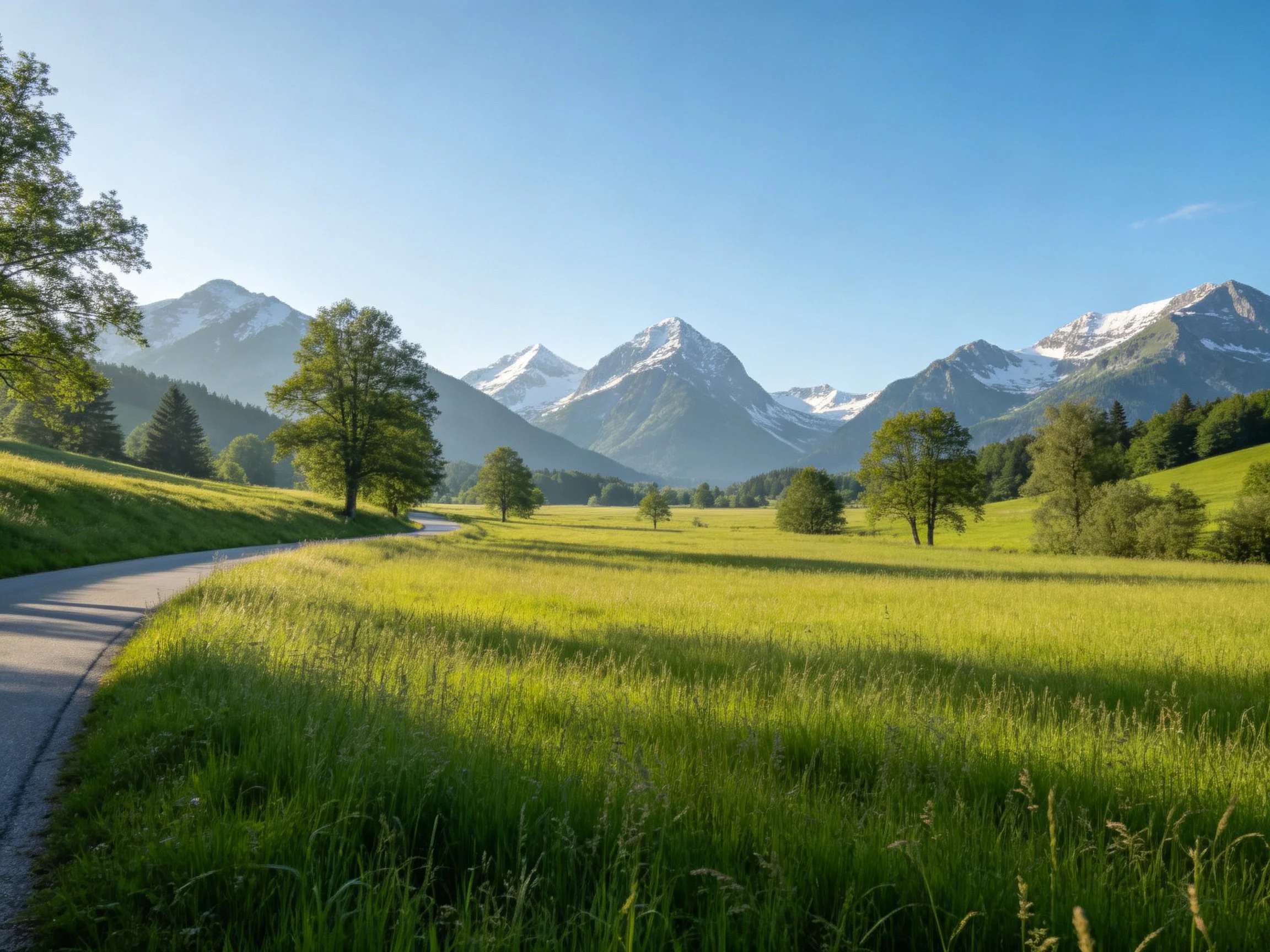 Lush green meadow with winding path near snow-capped mountains