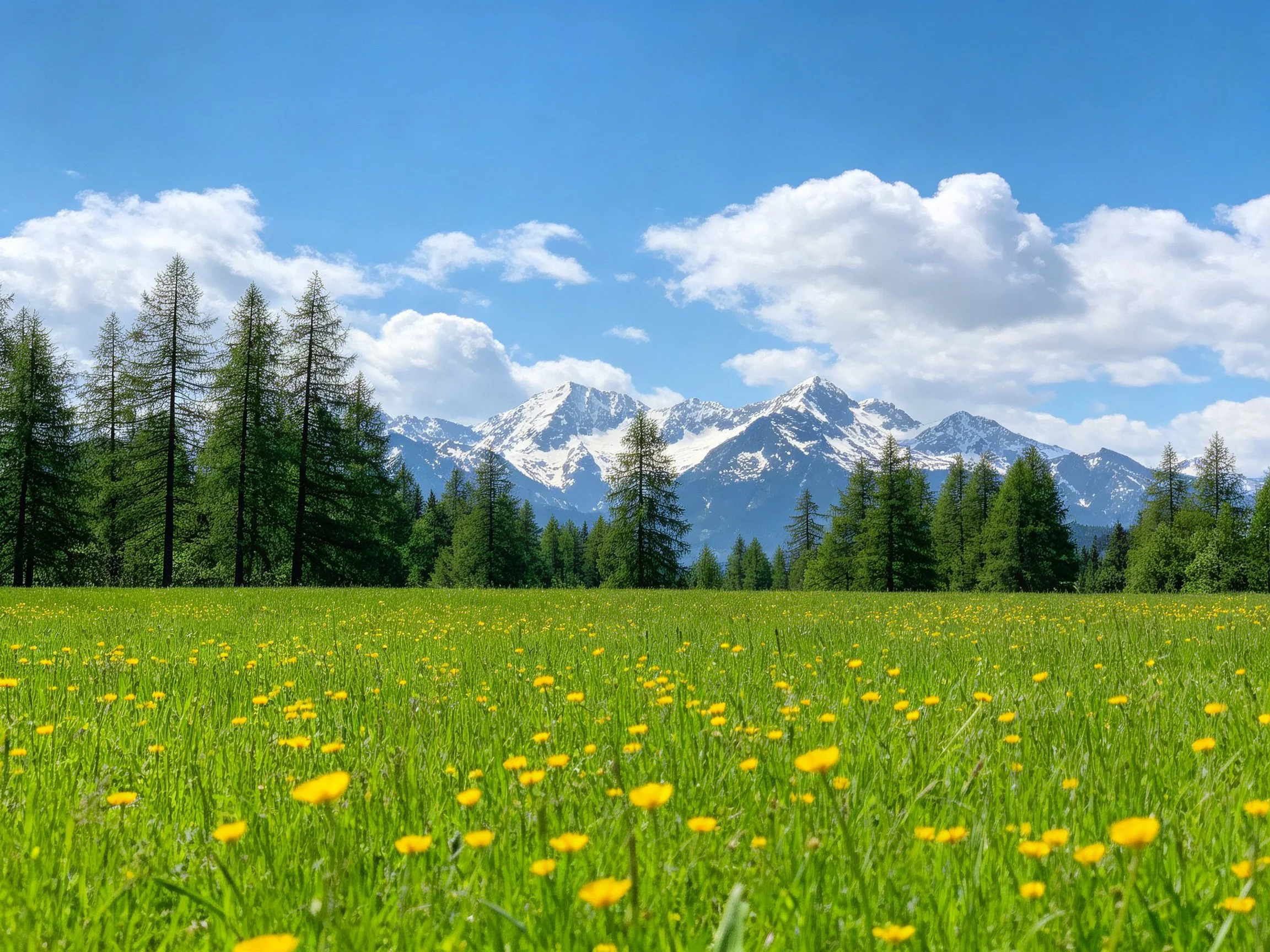 Lush green meadow with yellow wildflowers, tall evergreen trees, and snow-capped mountain peaks.
