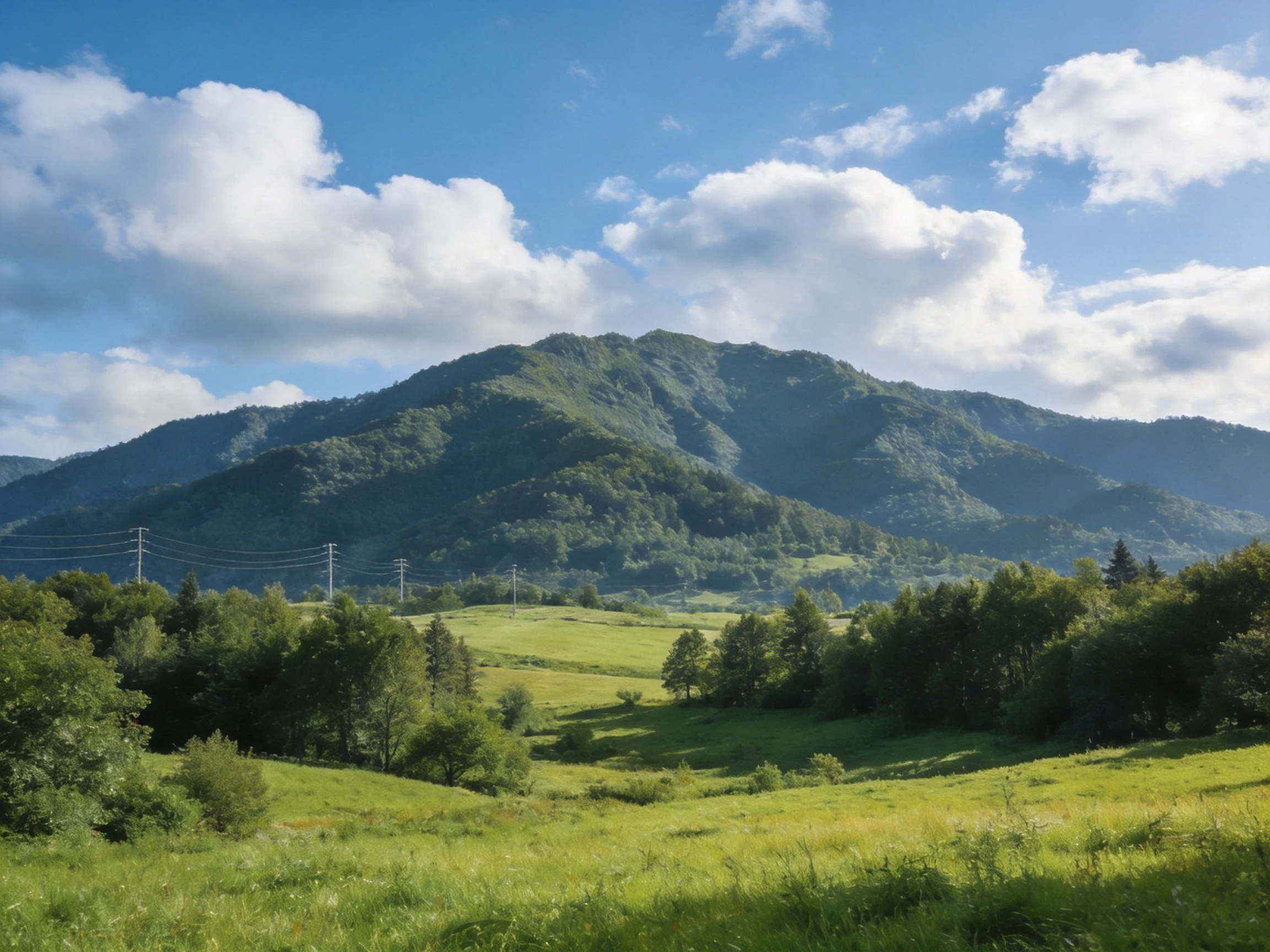 Lush green meadows and forested mountains under bright blue sky