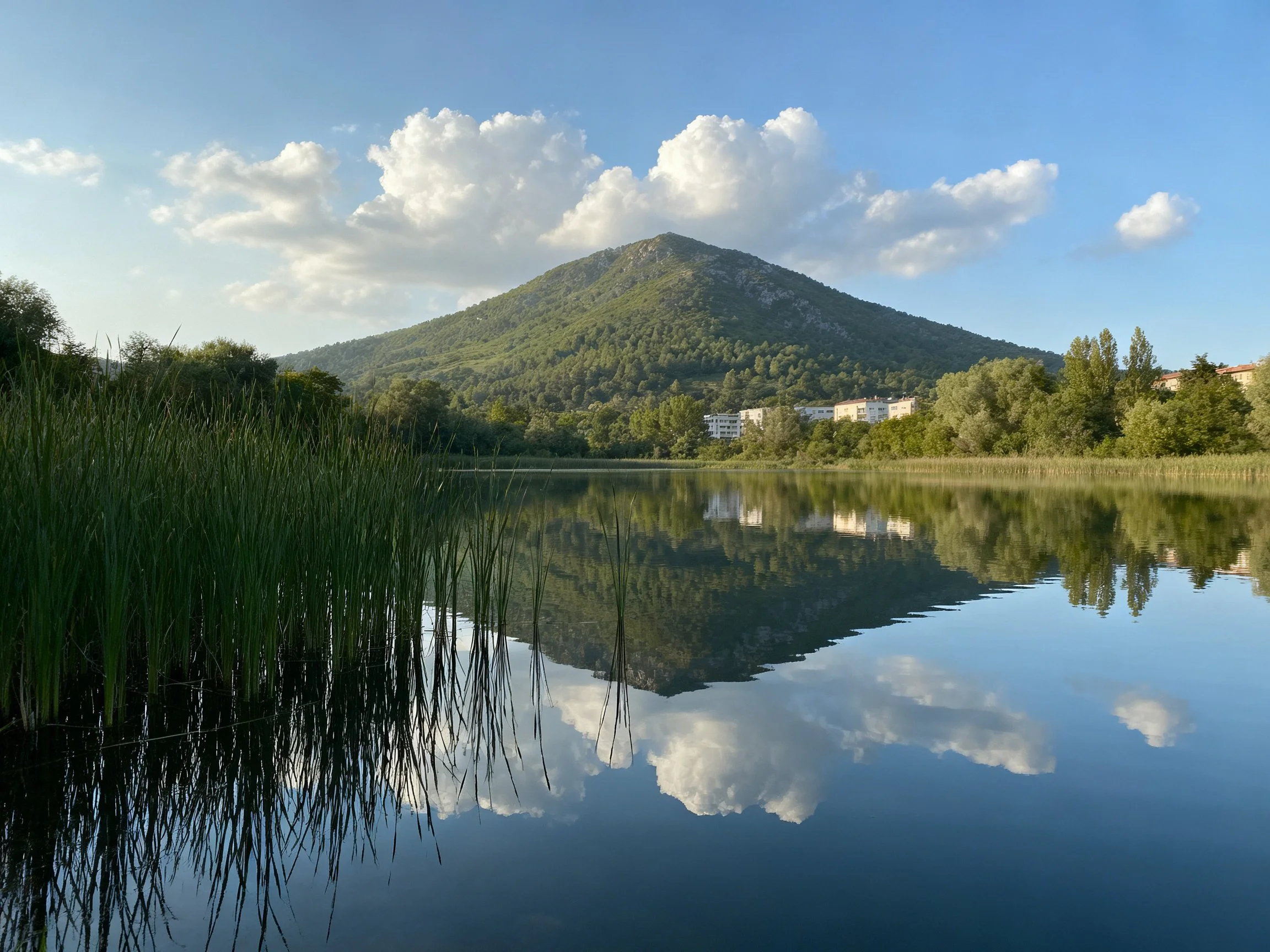 Lush green mountain reflected in calm blue lake with tall reeds