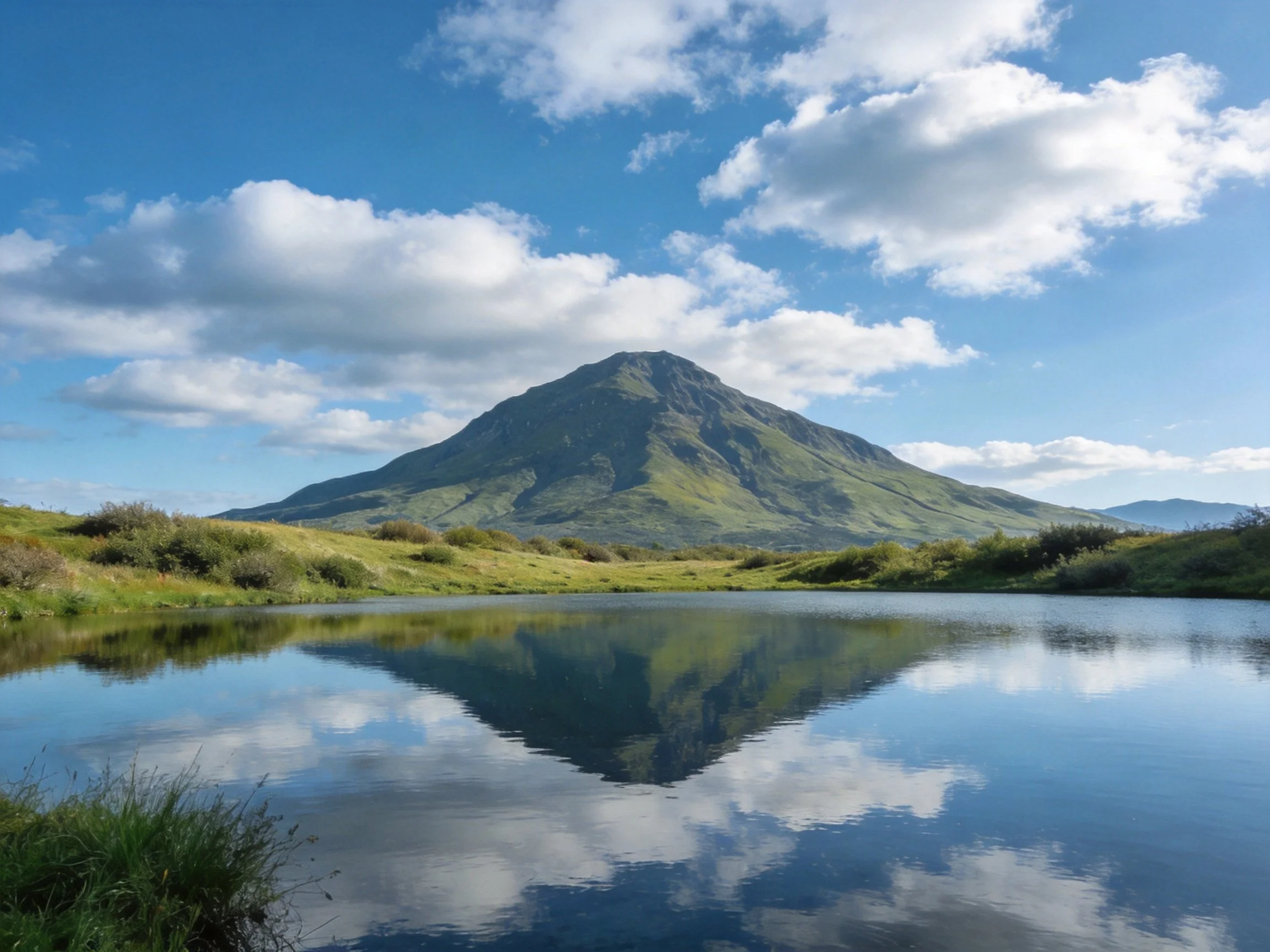 Lush green mountain reflected in calm blue waters under sunny sky