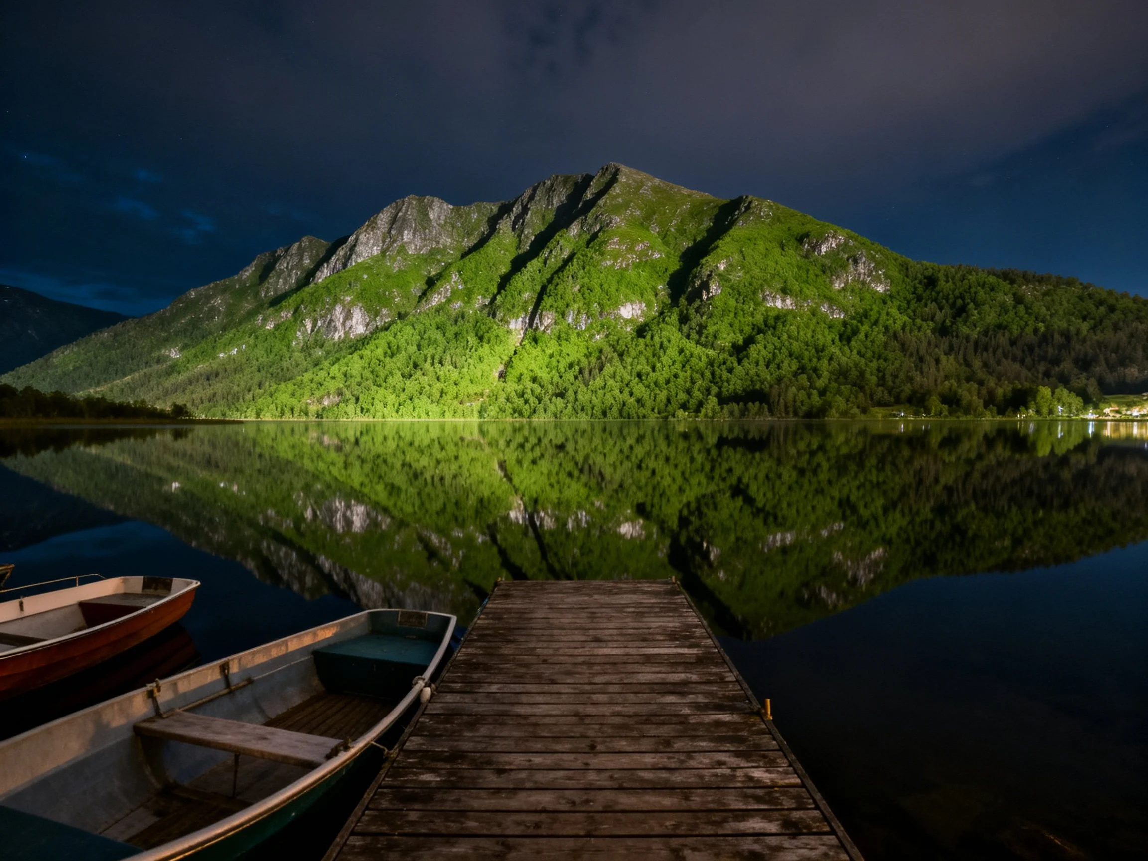 Lush green mountain reflected in still night water beside wooden boats