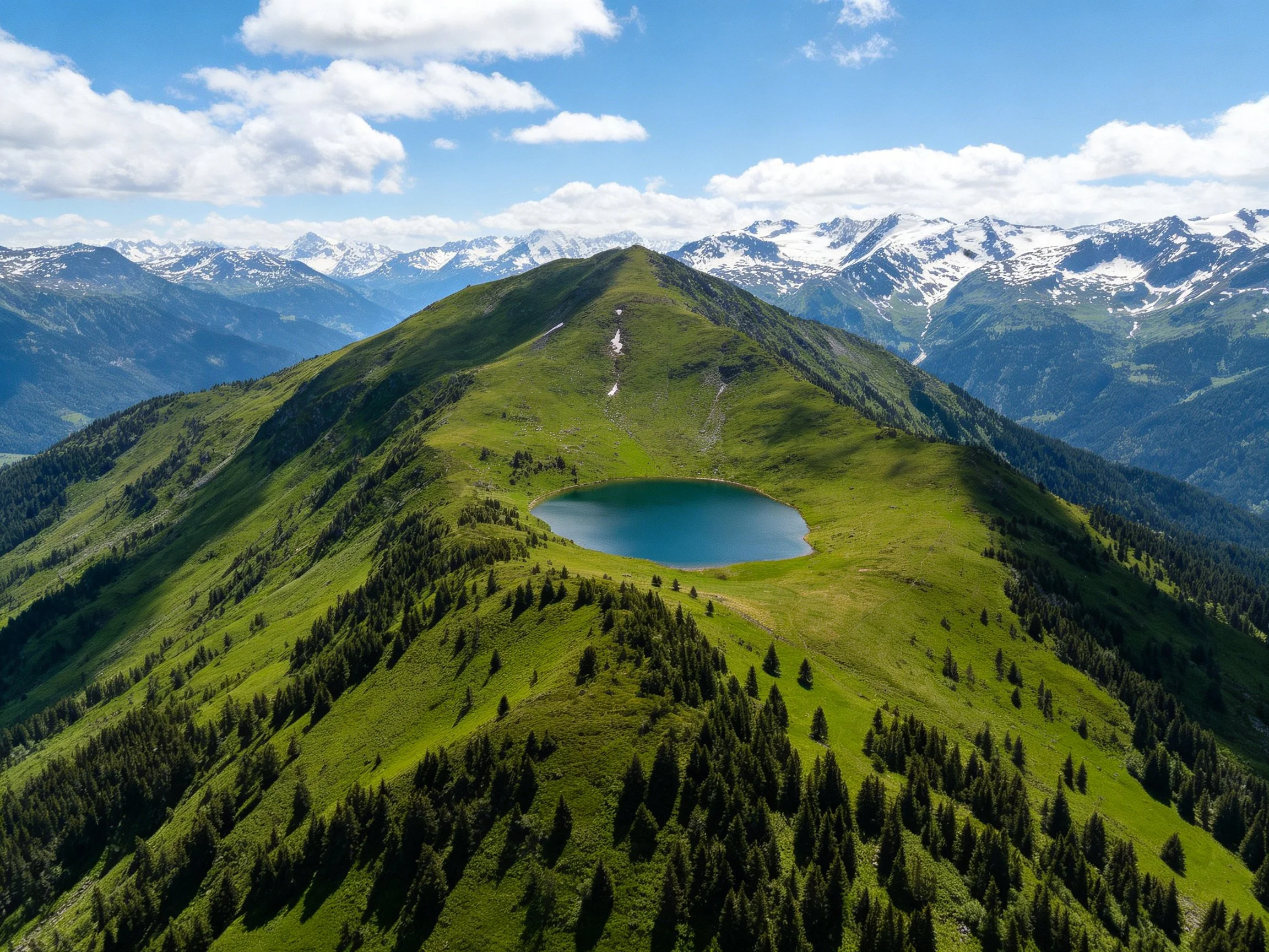 Lush green mountain ridge with a blue alpine lake and snow-capped peaks