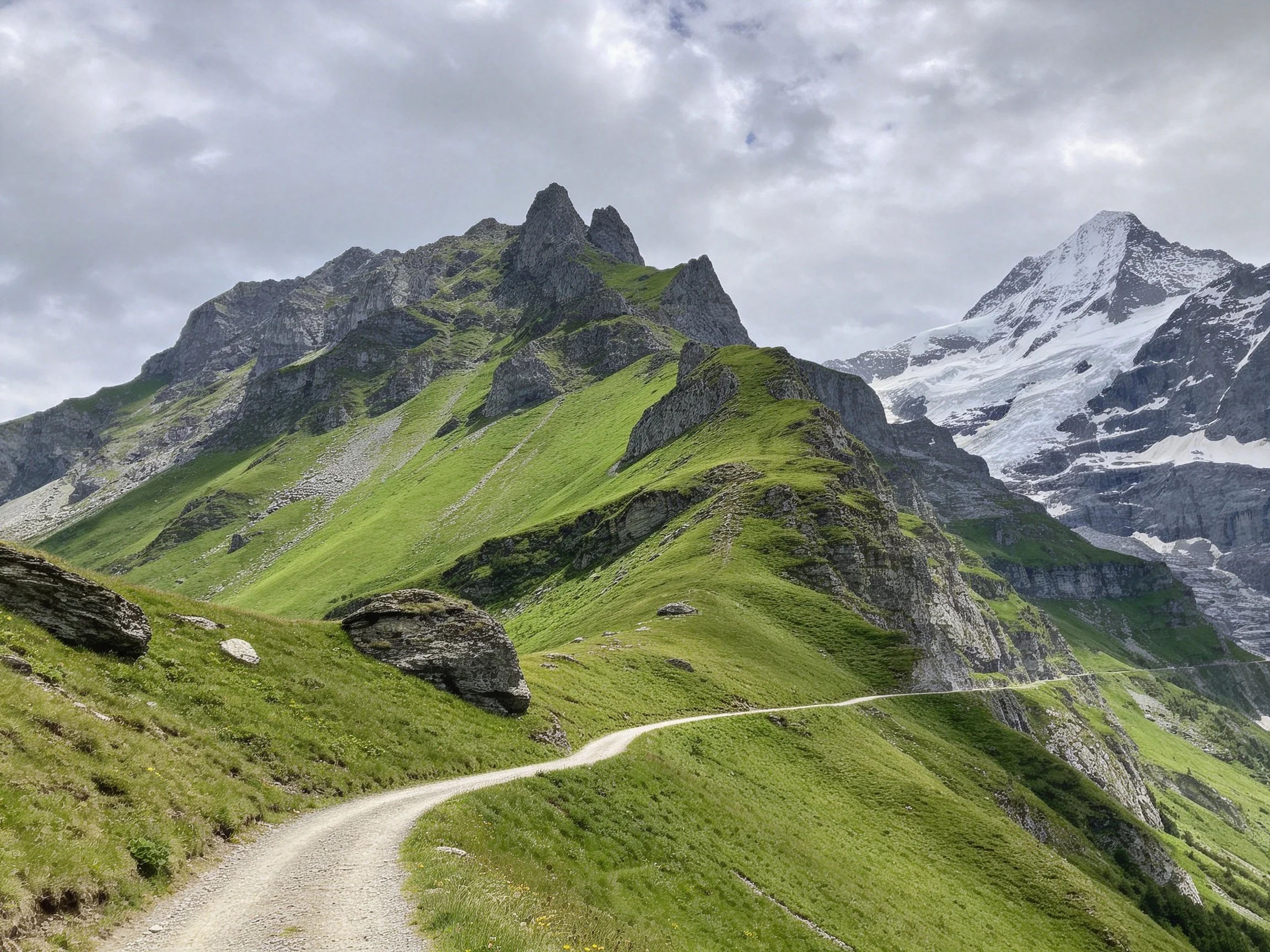 Lush green mountain slopes with rocky peaks and snow-capped summit