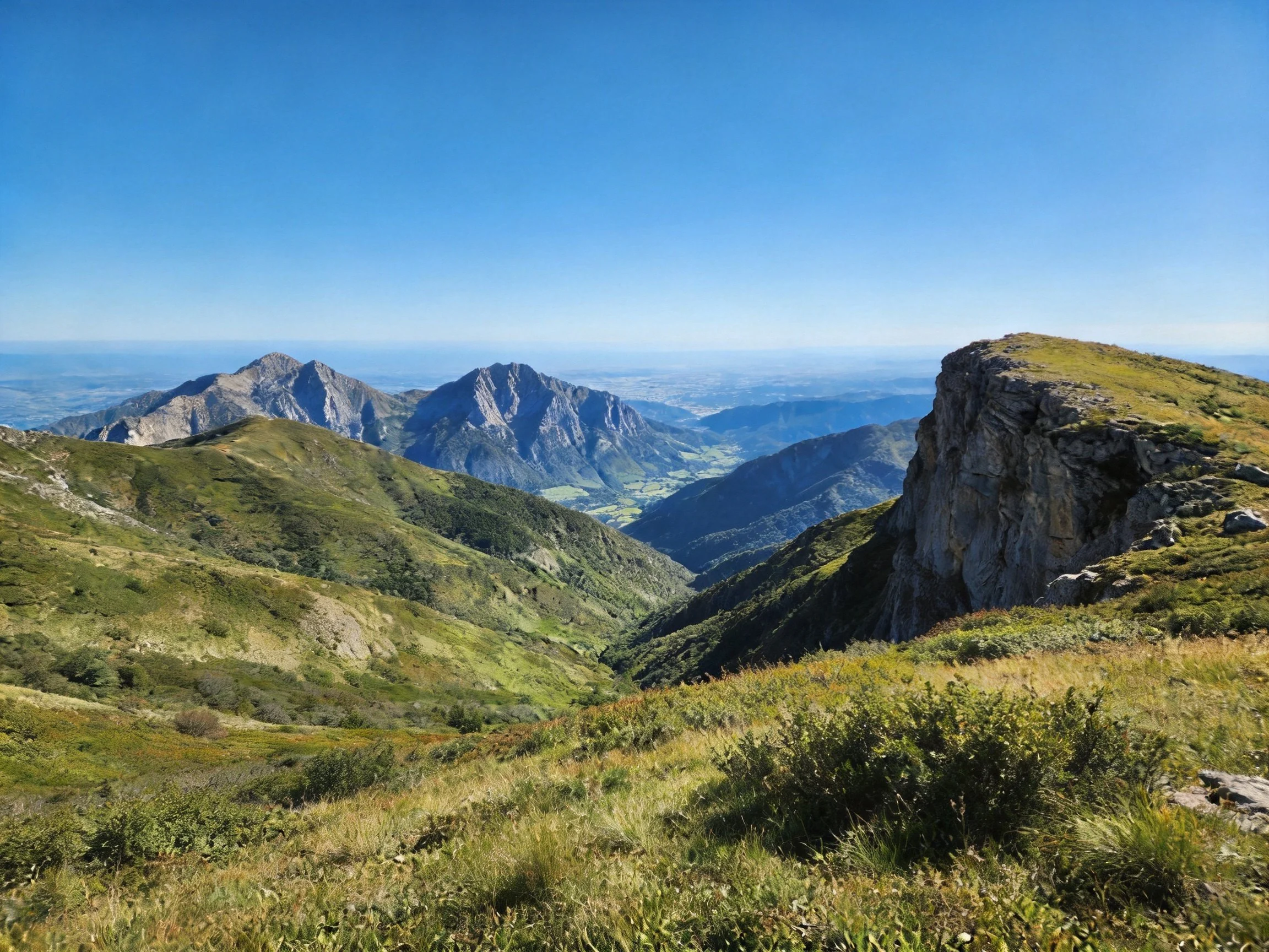Lush green mountain valley with rocky cliffside and distant peaks