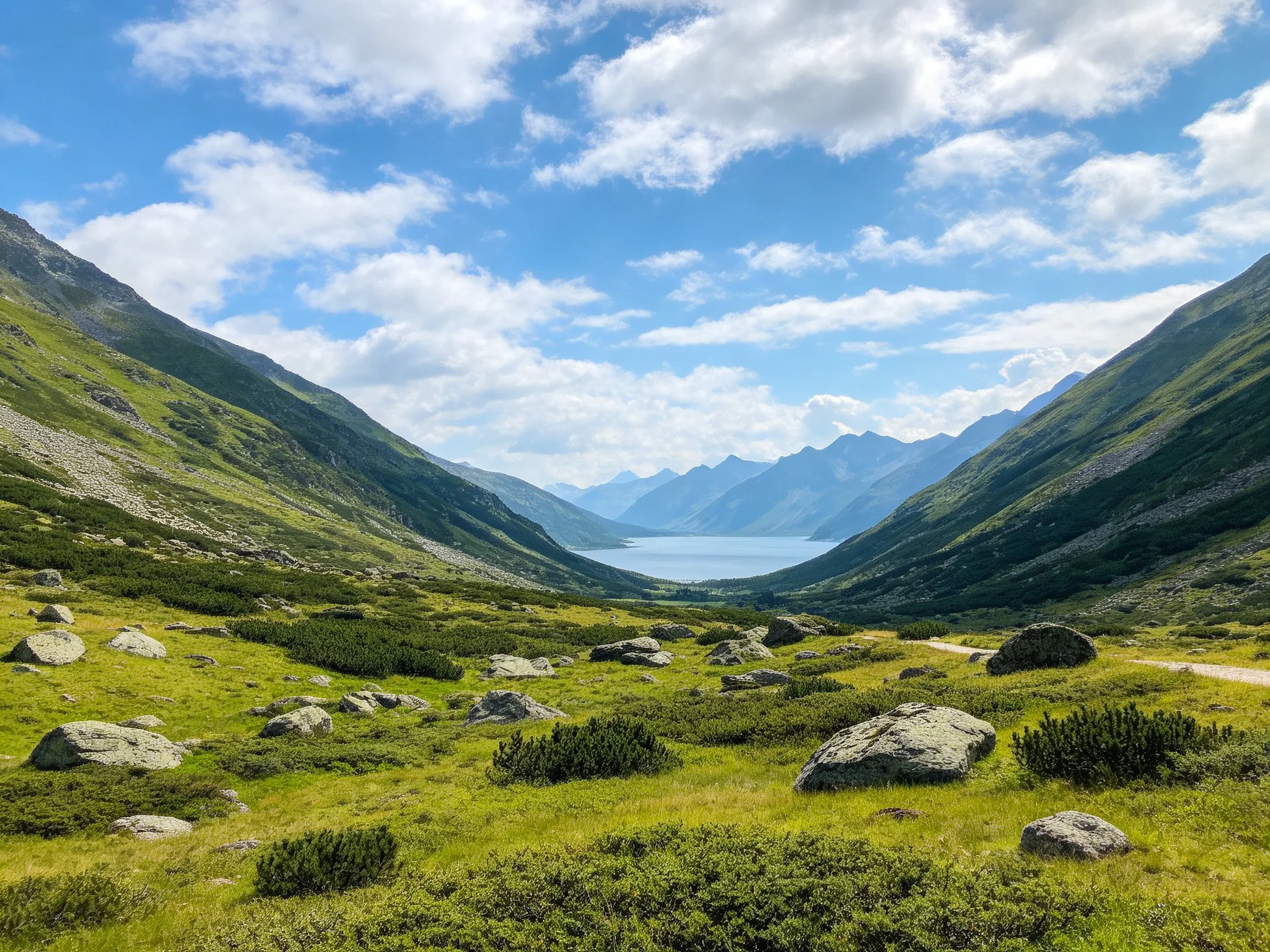 Lush green mountain valley with rocky terrain and distant lake