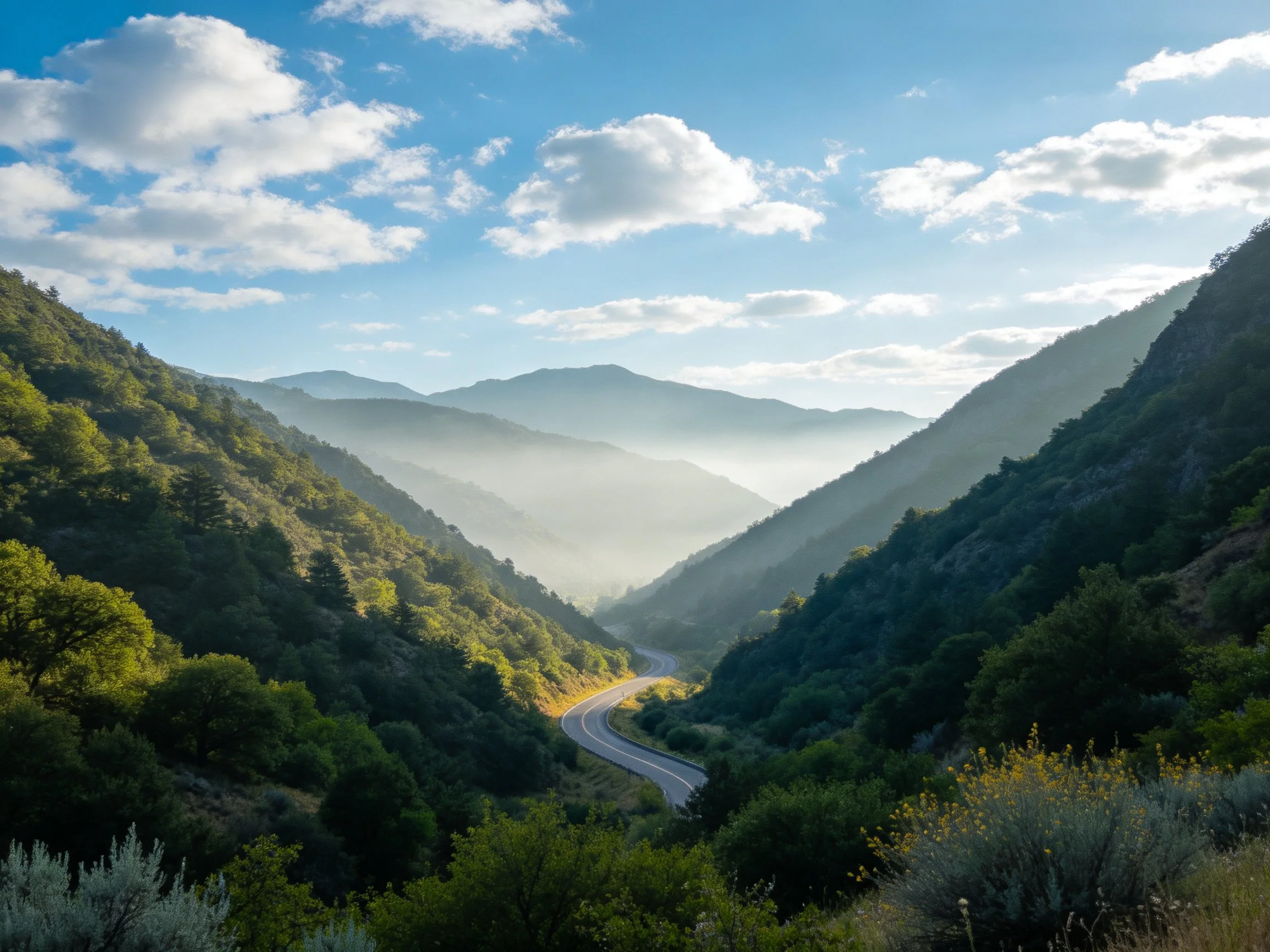 Lush green mountain valley with winding road under blue sky